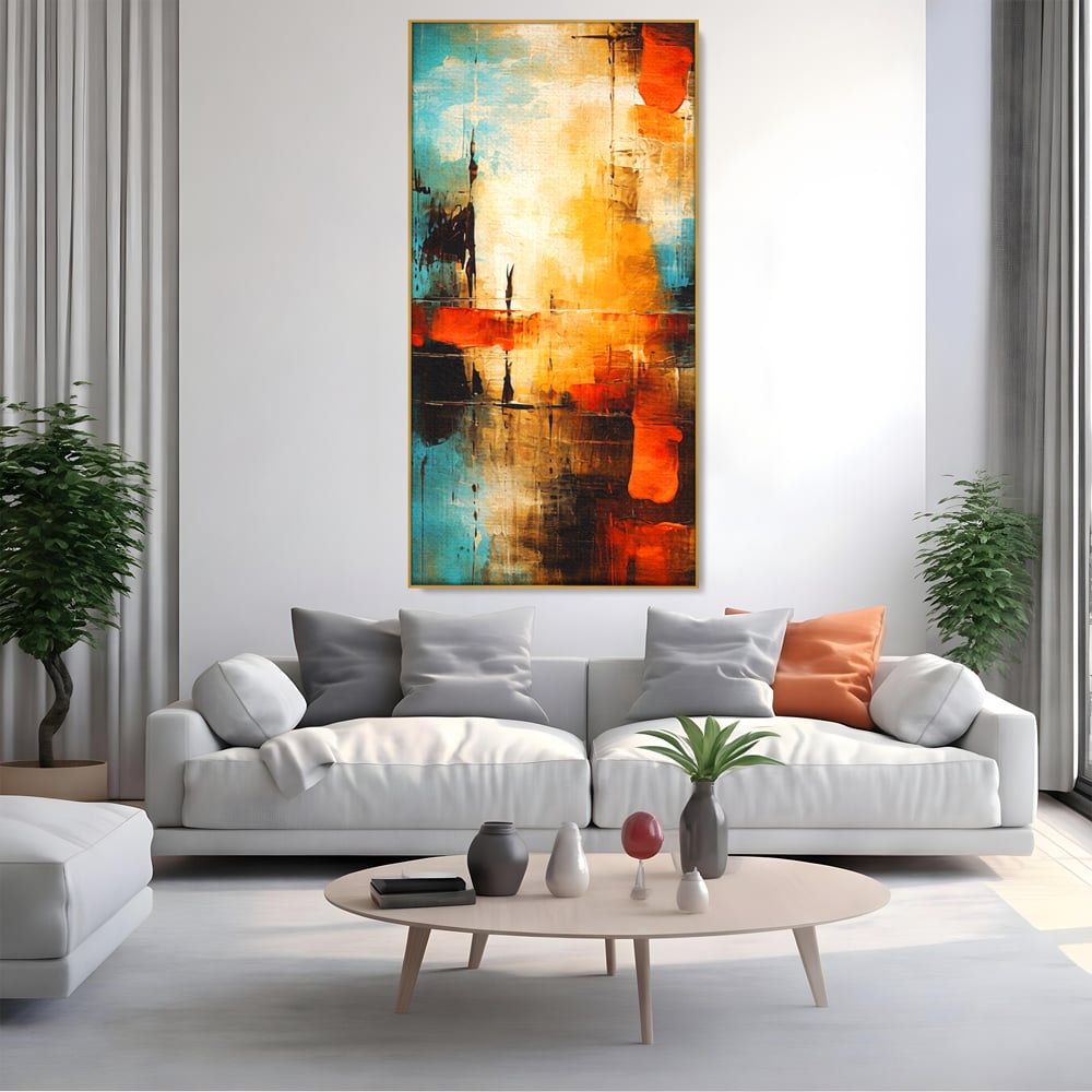 Tablou Canvas Premium, LuxCanva® C1315, Ardere Lenta, Culori, Abstract, Dinamism, Modern, Portocaliu, Rosu, Albastru, Mare, Vapoare, Fereastra, Cer, Arhitectural, Ziduri, Birou, Living, Dormitor