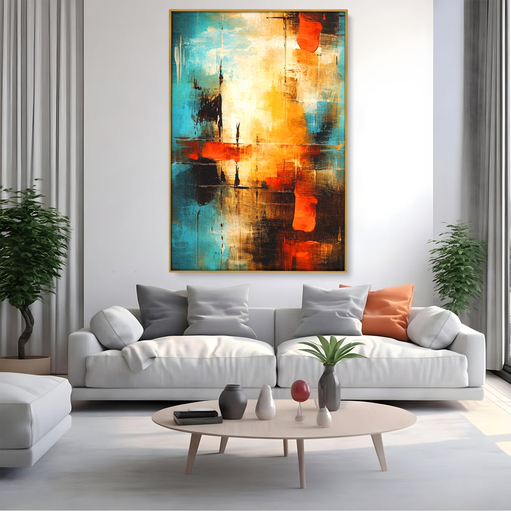 Tablou Canvas Premium, LuxCanva® C1315, Ardere Lenta, Culori, Abstract, Dinamism, Modern, Portocaliu, Rosu, Albastru, Mare, Vapoare, Fereastra, Cer, Arhitectural, Ziduri, Birou, Living, Dormitor