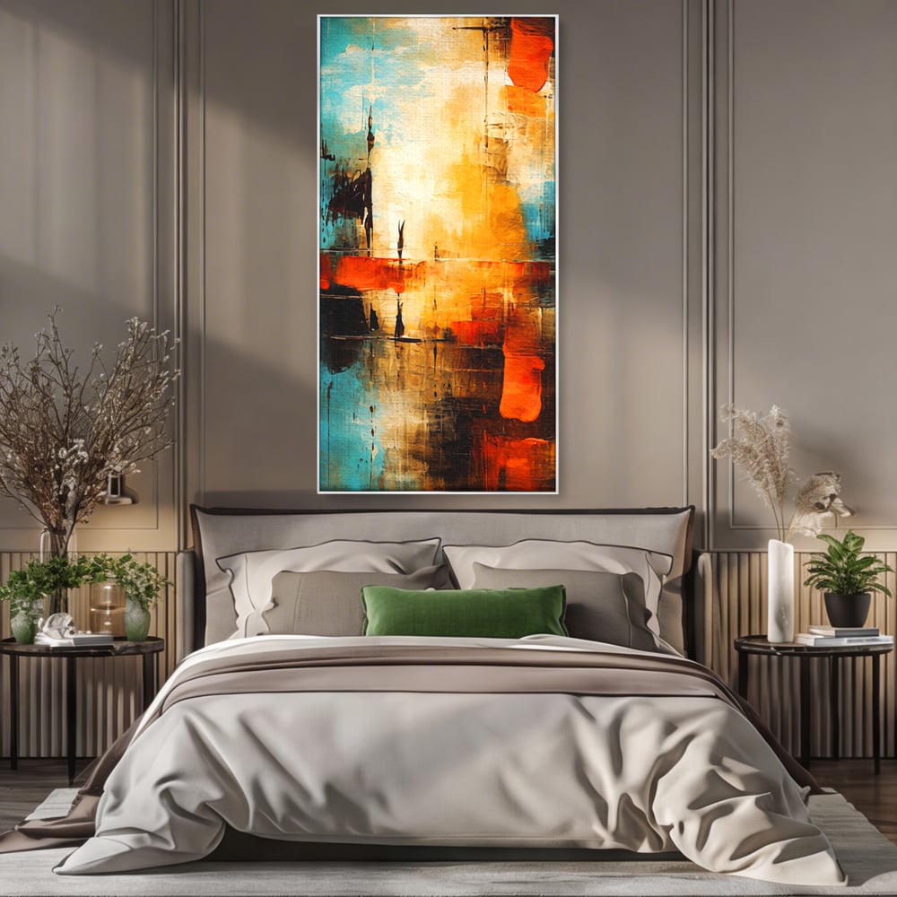 Tablou Canvas Premium, LuxCanva® C1315, Ardere Lenta, Culori, Abstract, Dinamism, Modern, Portocaliu, Rosu, Albastru, Mare, Vapoare, Fereastra, Cer, Arhitectural, Ziduri, Birou, Living, Dormitor