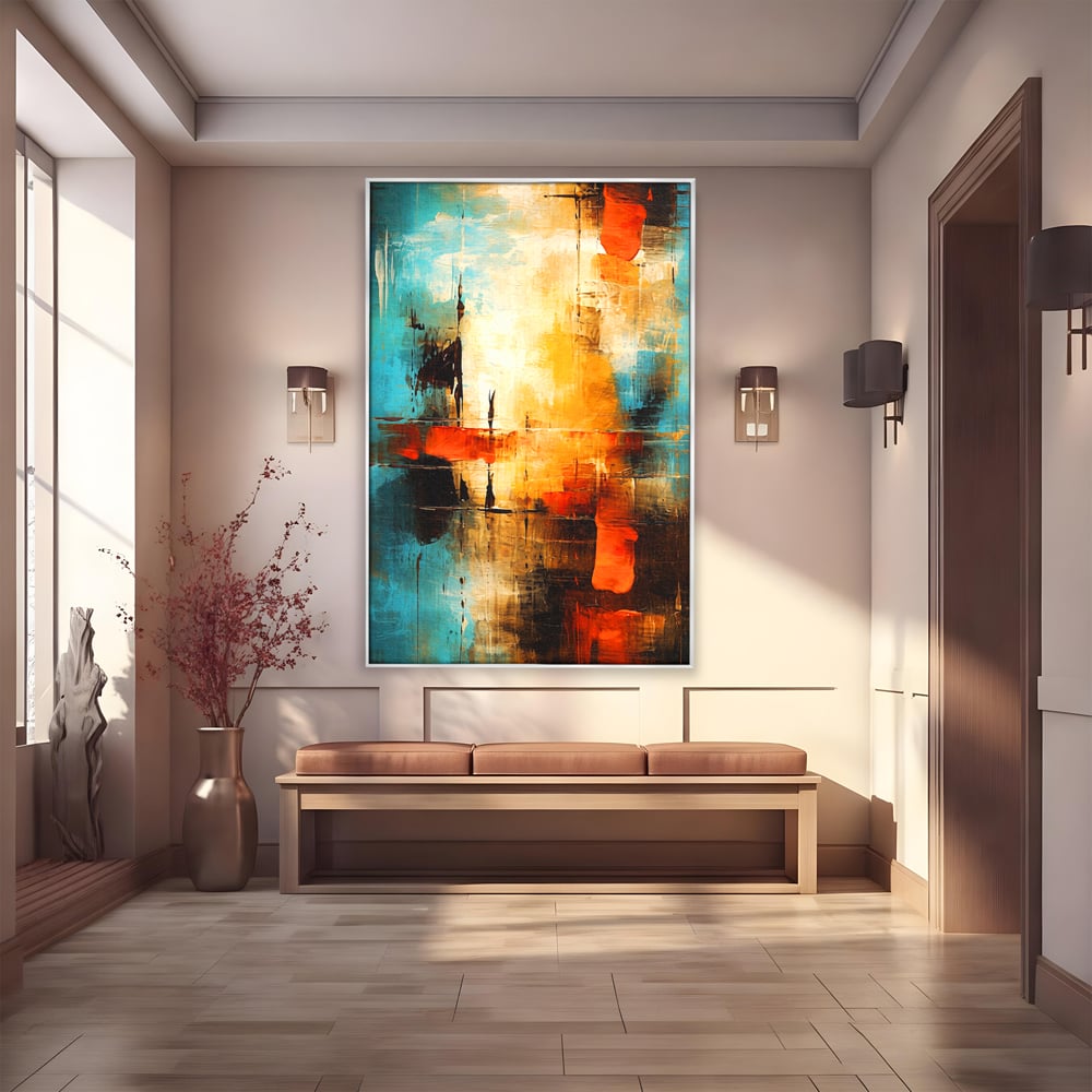 Tablou Canvas Premium, LuxCanva® C1315, Ardere Lenta, Culori, Abstract, Dinamism, Modern, Portocaliu, Rosu, Albastru, Mare, Vapoare, Fereastra, Cer, Arhitectural, Ziduri, Birou, Living, Dormitor
