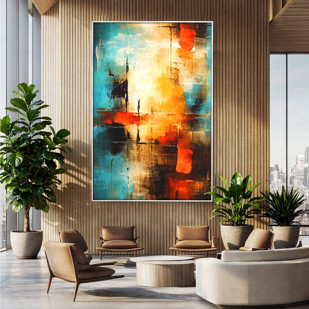 Tablou Canvas Premium, LuxCanva® C1315, Ardere Lenta, Culori, Abstract, Dinamism, Modern, Portocaliu, Rosu, Albastru, Mare, Vapoare, Fereastra, Cer, Arhitectural, Ziduri, Birou, Living, Dormitor