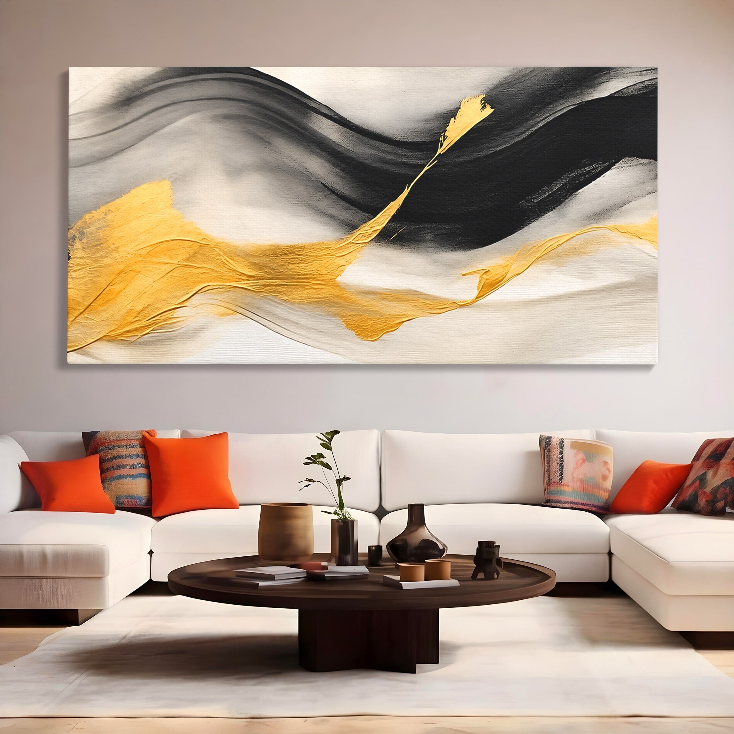 Tablou Canvas Premium LuxCanva® C1325, Fluiditate Aurie, Abstract, Modern, Eleganta, Living, Dormitor, Culori Vibrante