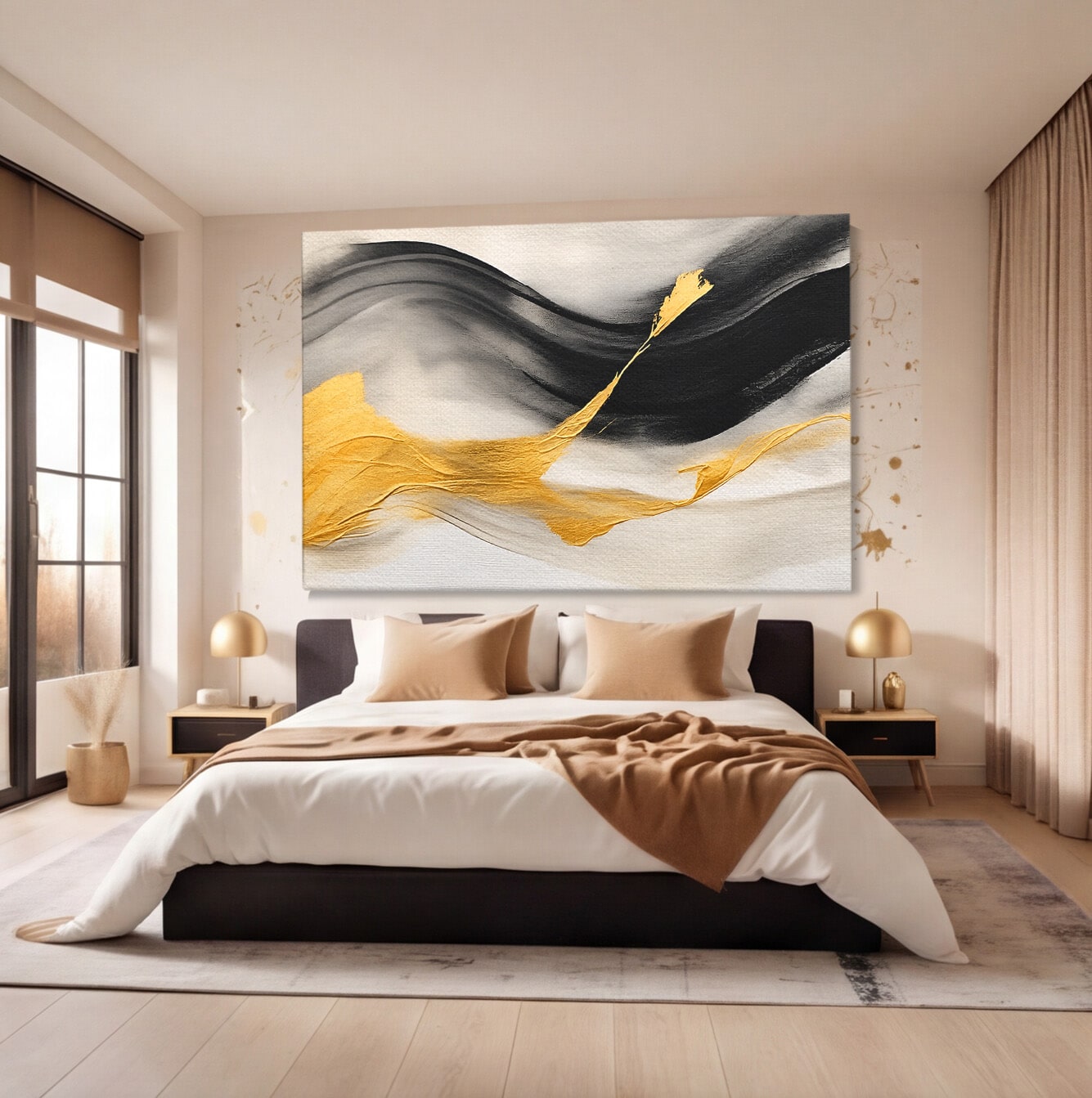 Tablou Canvas Premium LuxCanva® C1325, Fluiditate Aurie, Abstract, Modern, Eleganta, Living, Dormitor, Culori Vibrante