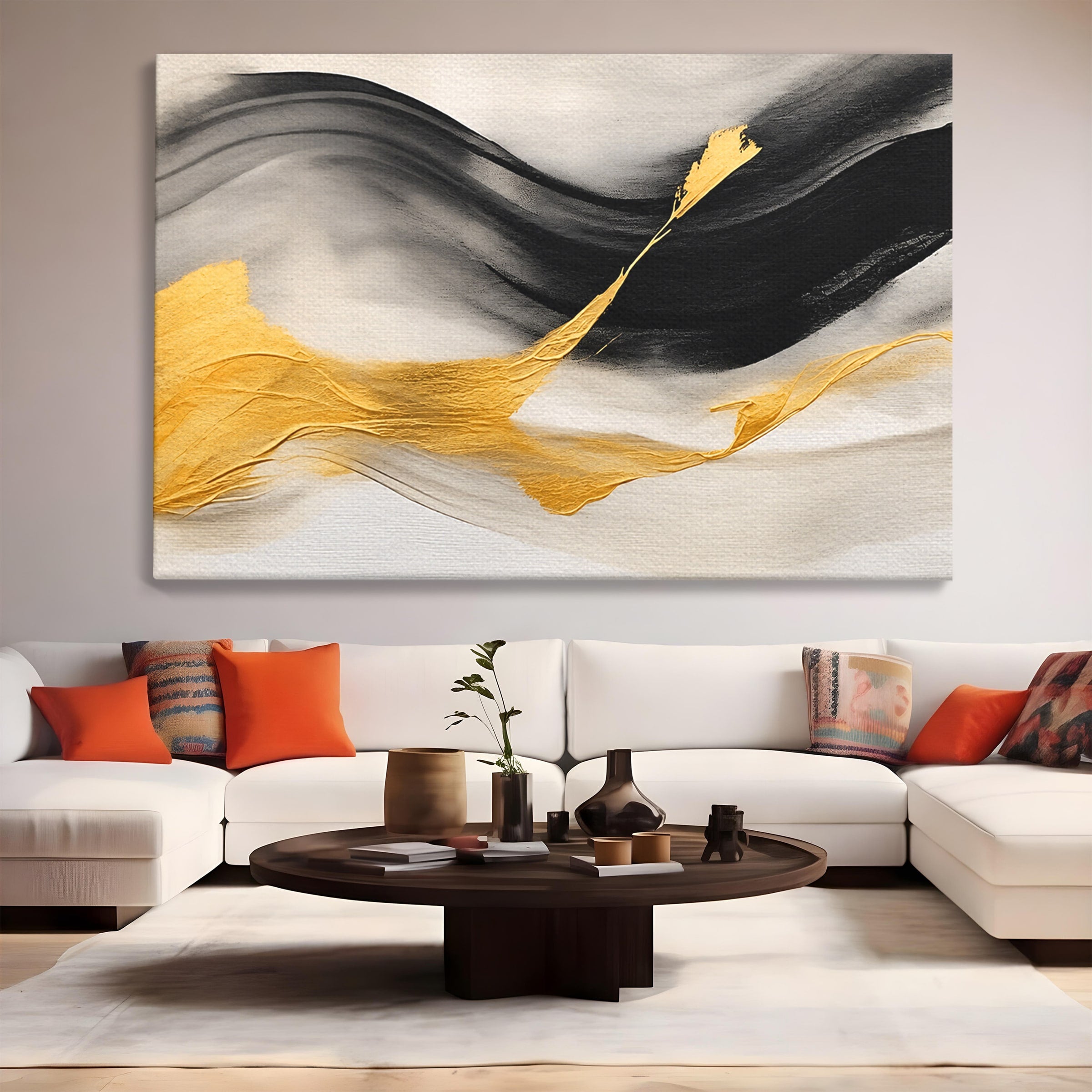 Tablou Canvas Premium LuxCanva® C1325, Fluiditate Aurie, Abstract, Modern, Eleganta, Living, Dormitor, Culori Vibrante