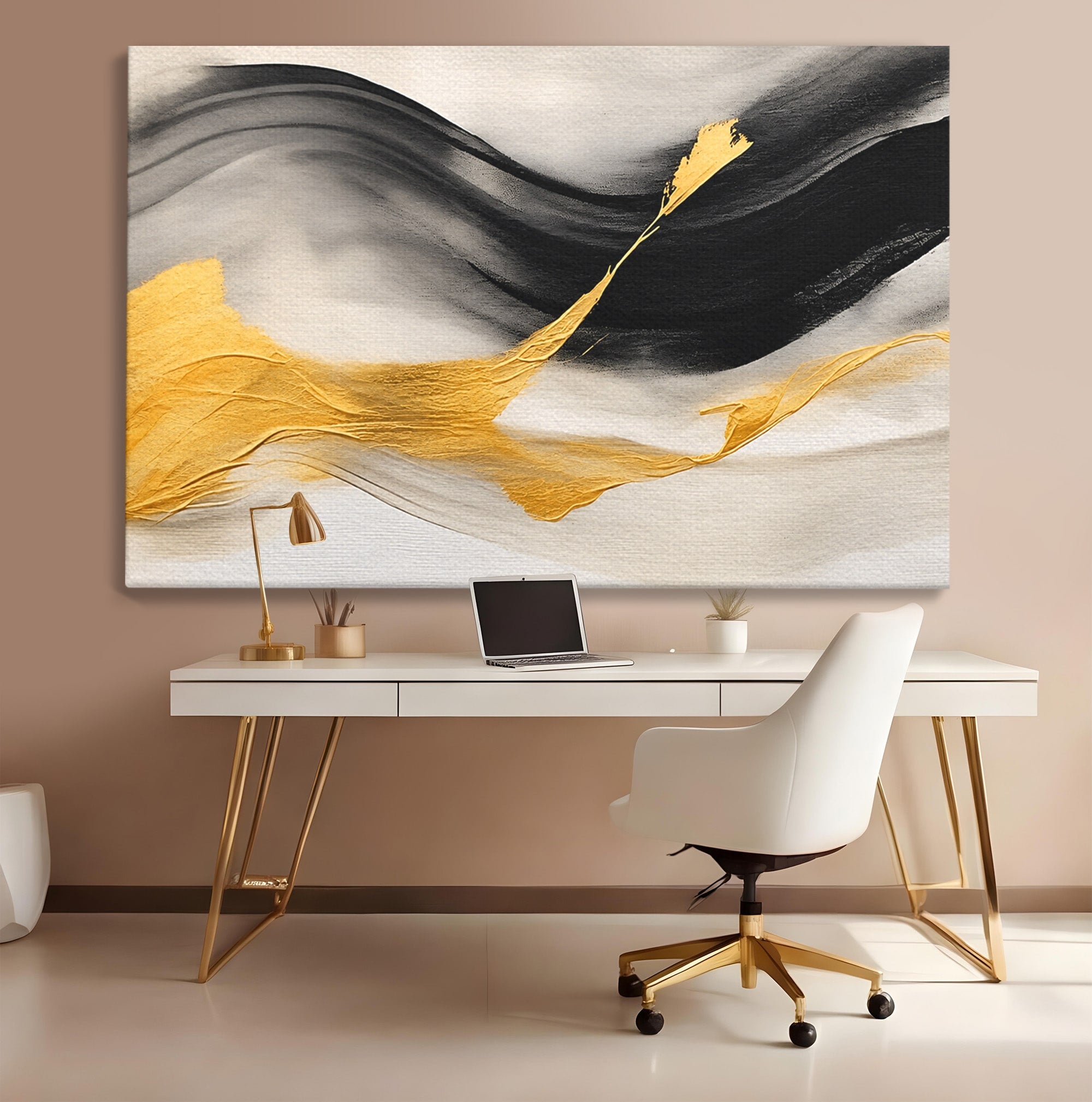 Tablou Canvas Premium LuxCanva® C1325, Fluiditate Aurie, Abstract, Modern, Eleganta, Living, Dormitor, Culori Vibrante