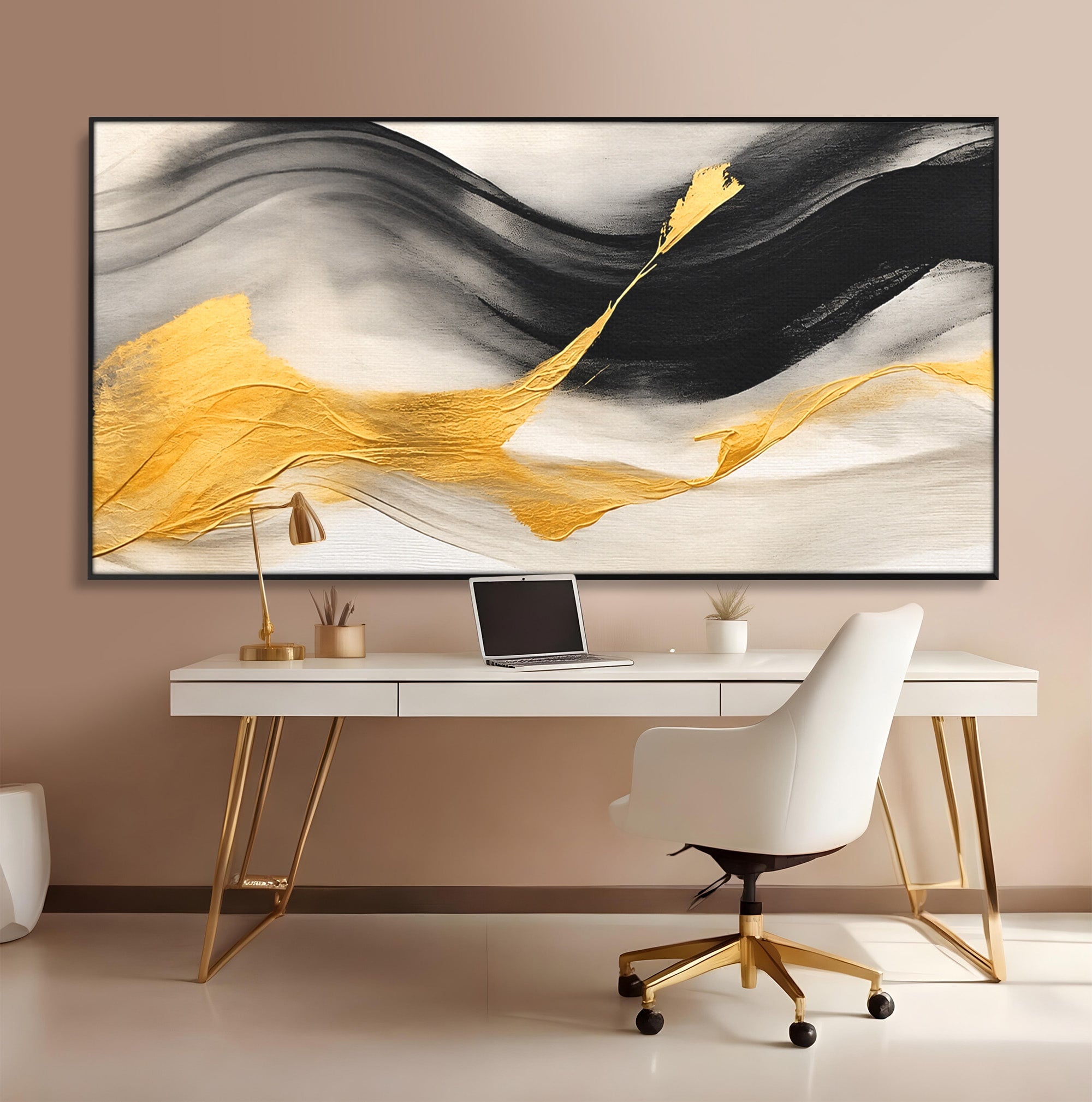 Tablou Canvas Premium LuxCanva® C1325, Fluiditate Aurie, Abstract, Modern, Eleganta, Living, Dormitor, Culori Vibrante