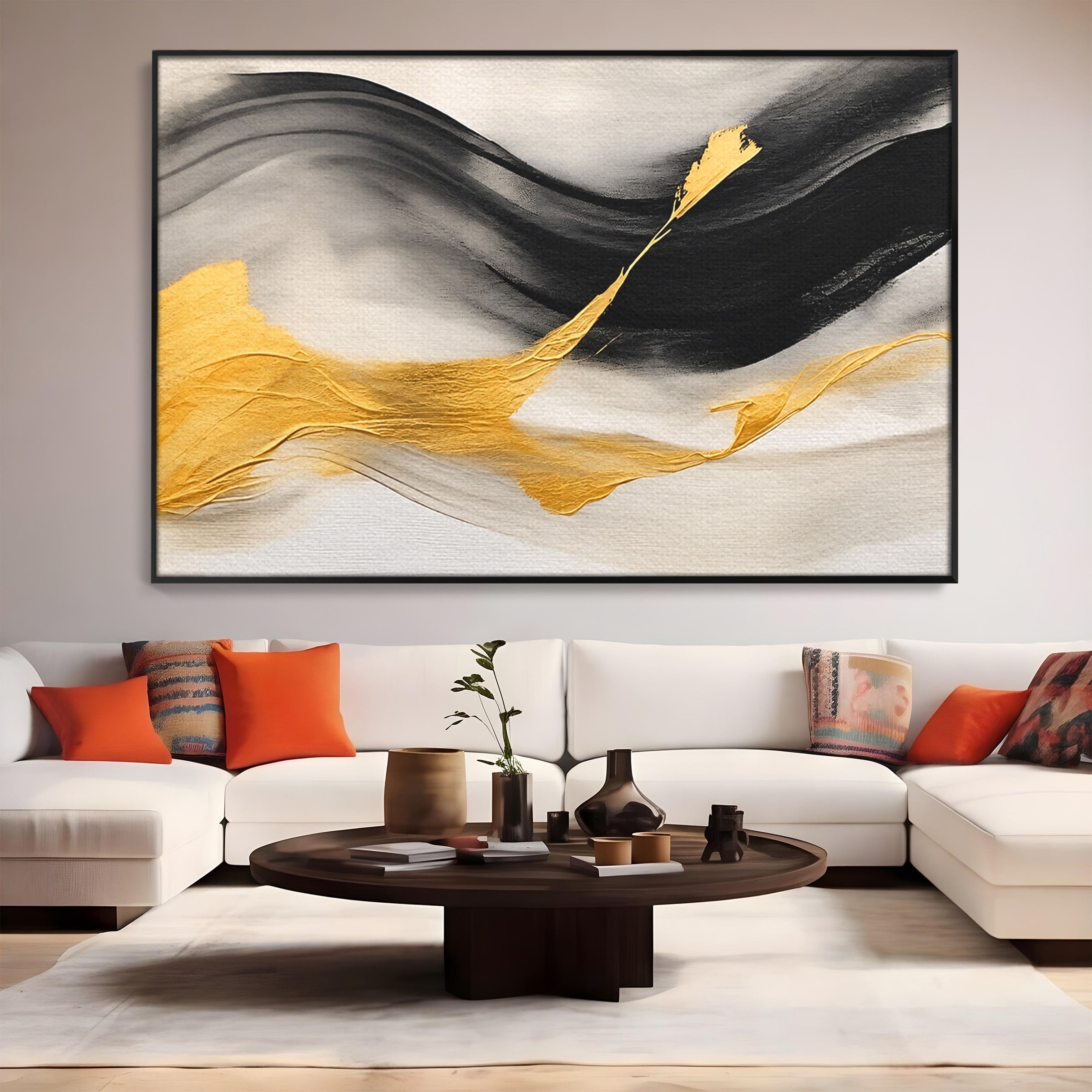 Tablou Canvas Premium LuxCanva® C1325, Fluiditate Aurie, Abstract, Modern, Eleganta, Living, Dormitor, Culori Vibrante