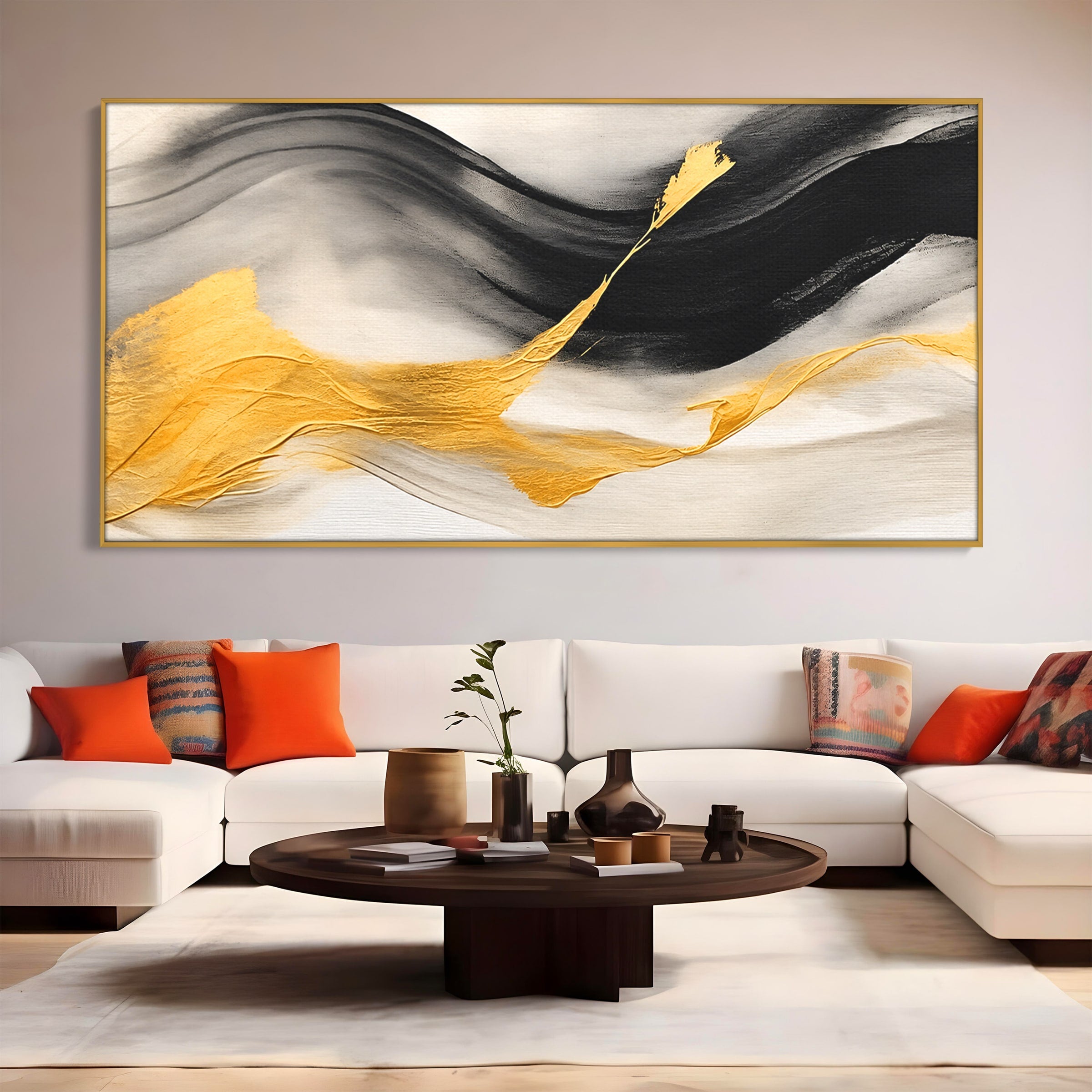 Tablou Canvas Premium LuxCanva® C1325, Fluiditate Aurie, Abstract, Modern, Eleganta, Living, Dormitor, Culori Vibrante