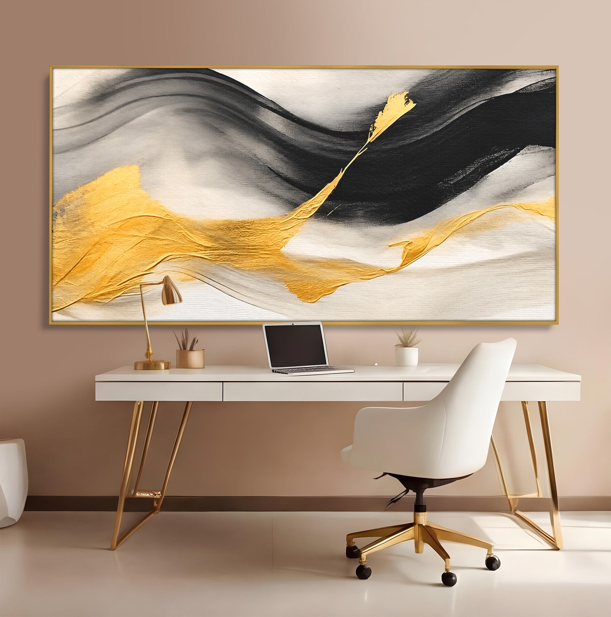 Tablou Canvas Premium LuxCanva® C1325, Fluiditate Aurie, Abstract, Modern, Eleganta, Living, Dormitor, Culori Vibrante