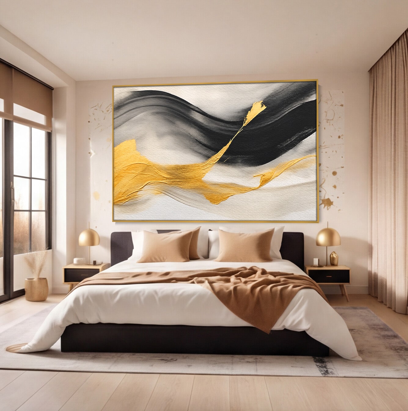Tablou Canvas Premium LuxCanva® C1325, Fluiditate Aurie, Abstract, Modern, Eleganta, Living, Dormitor, Culori Vibrante