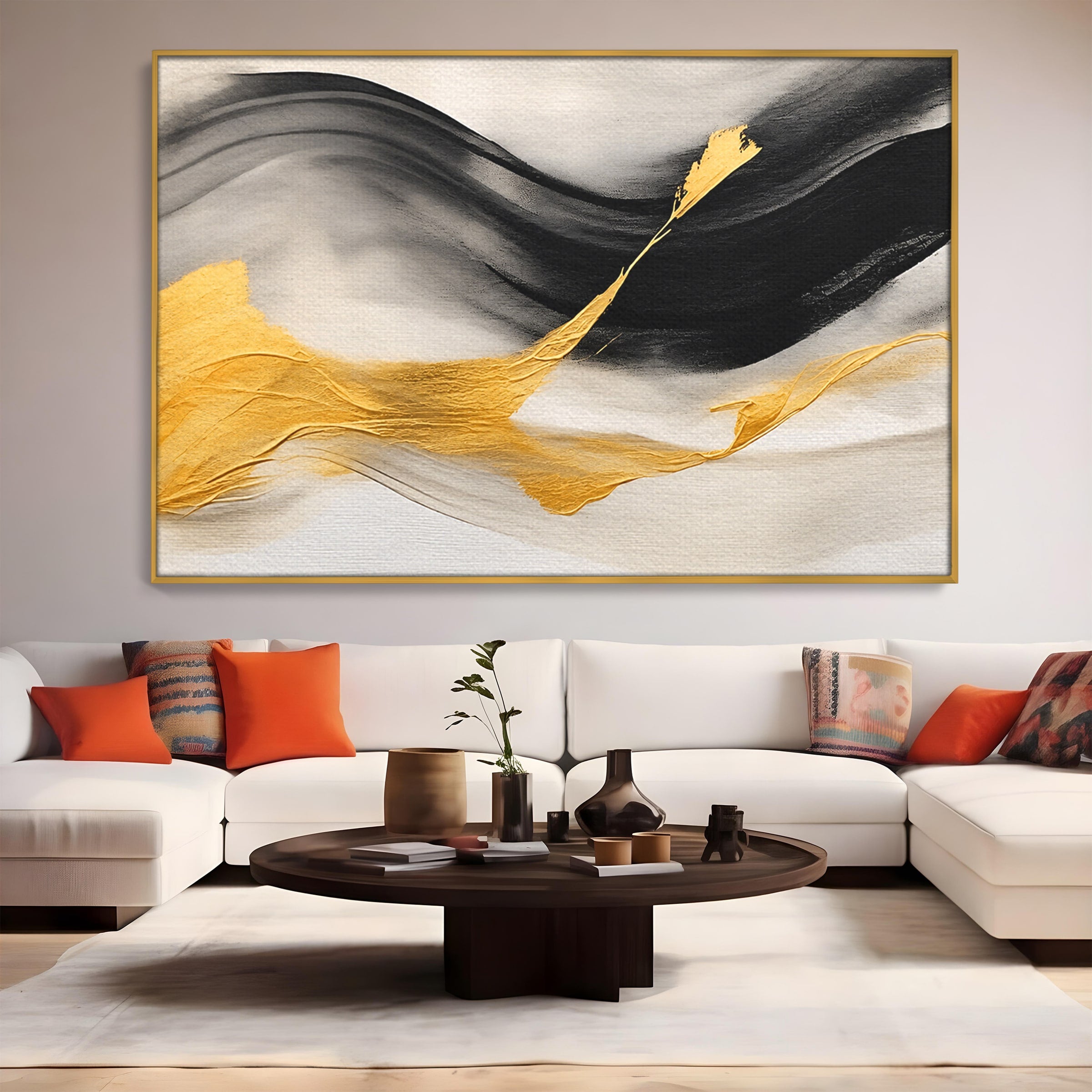 Tablou Canvas Premium LuxCanva® C1325, Fluiditate Aurie, Abstract, Modern, Eleganta, Living, Dormitor, Culori Vibrante