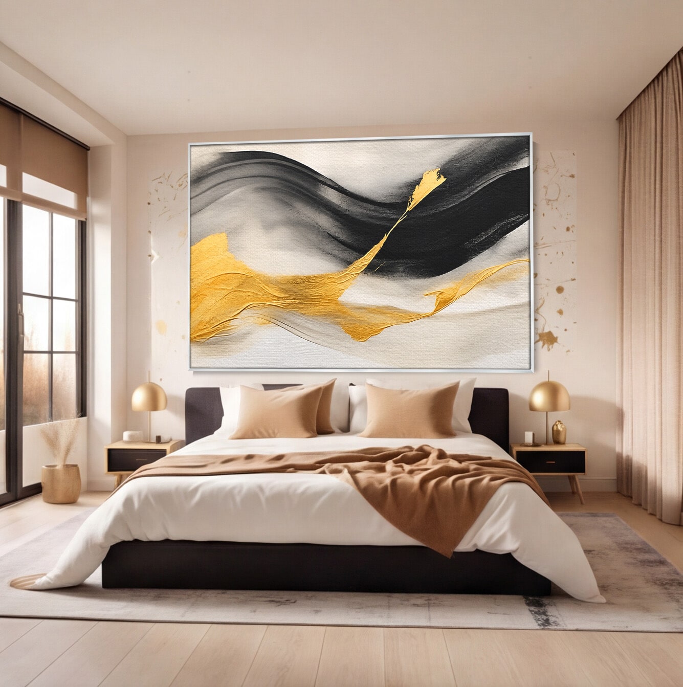 Tablou Canvas Premium LuxCanva® C1325, Fluiditate Aurie, Abstract, Modern, Eleganta, Living, Dormitor, Culori Vibrante