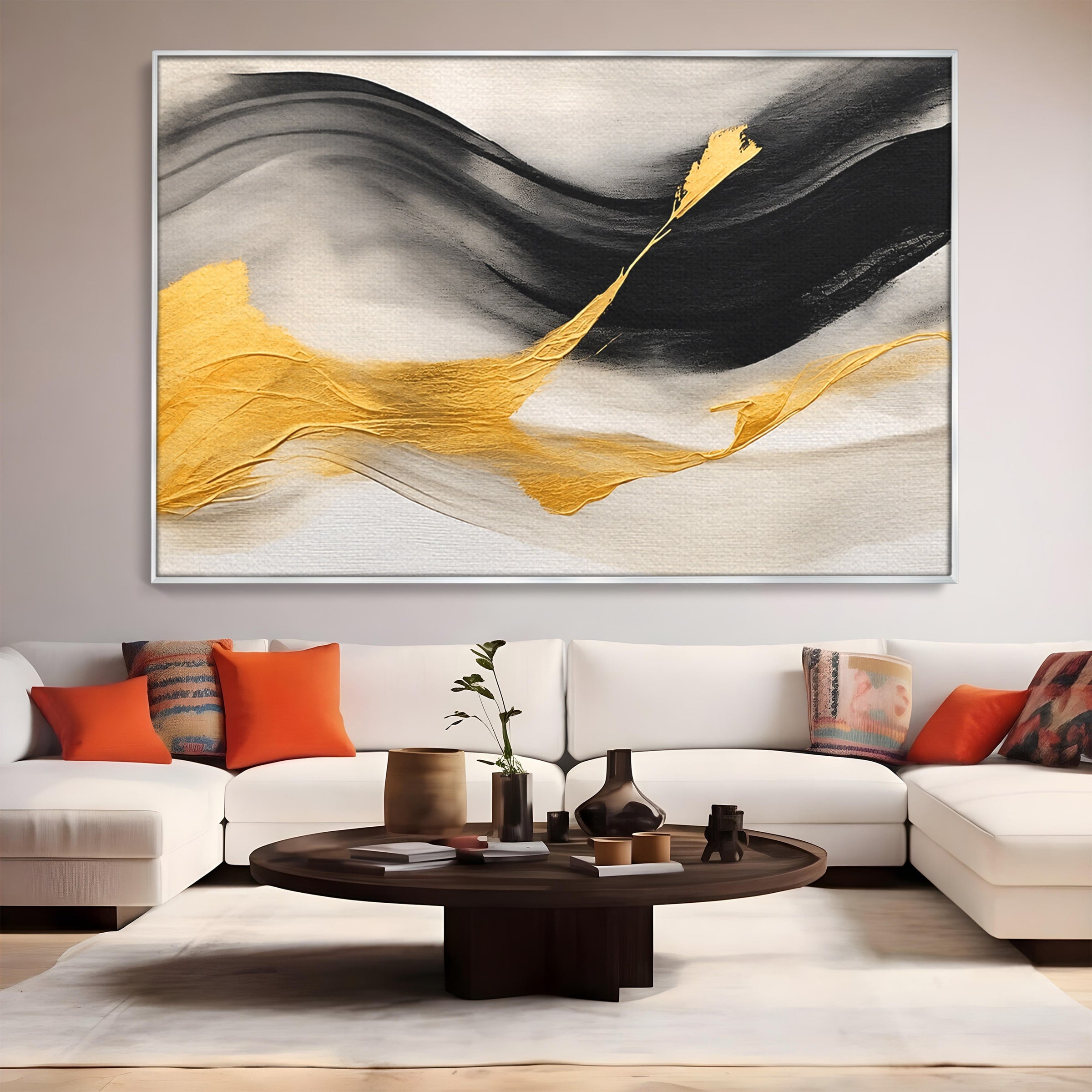 Tablou Canvas Premium LuxCanva® C1325, Fluiditate Aurie, Abstract, Modern, Eleganta, Living, Dormitor, Culori Vibrante