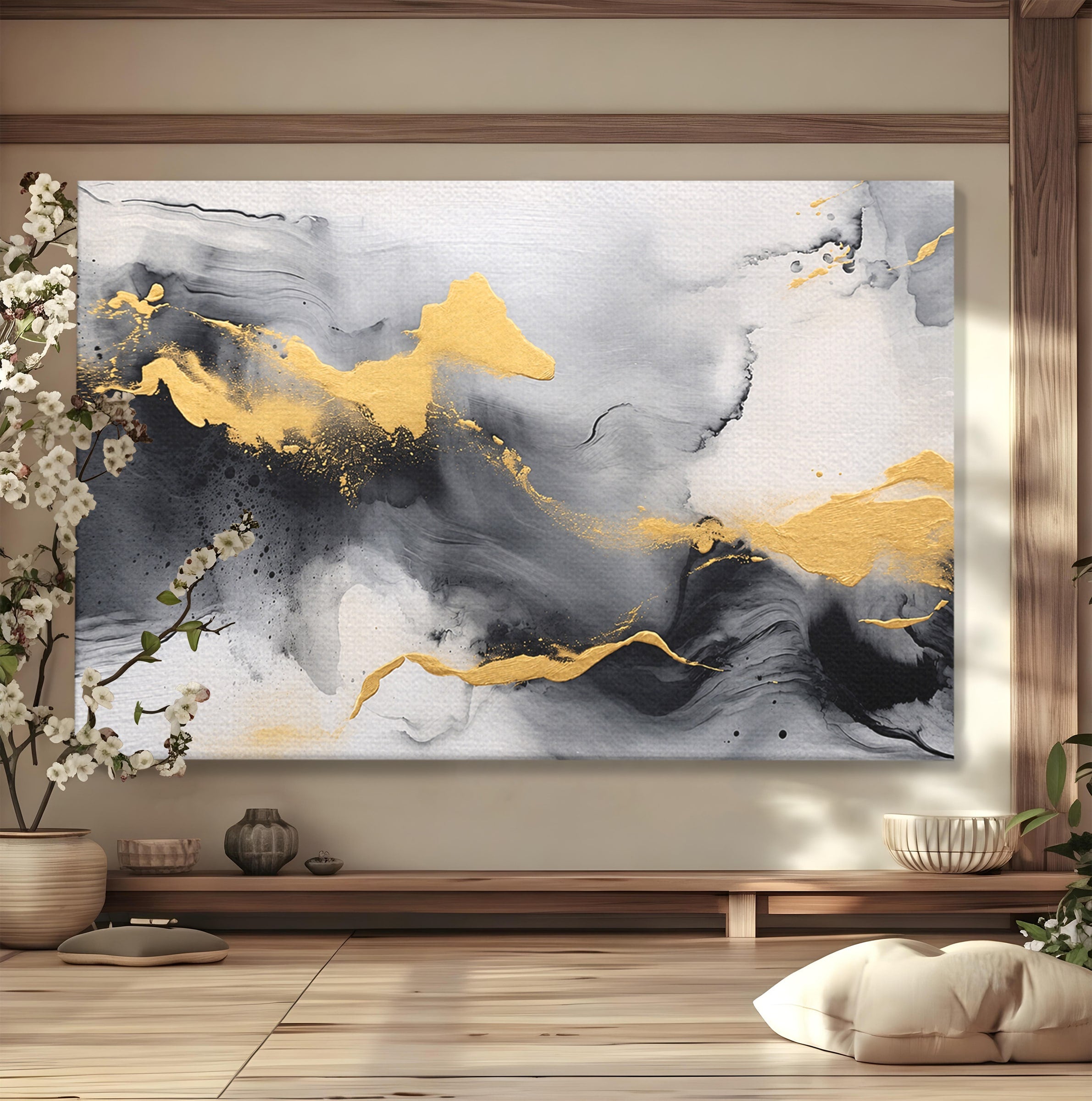 Tablou Canvas Premium LuxCanva® C1333, Flux Abstract Auriu, Abstract, Modern, Auriu, Dormitor, Birou, Culori Vibrante
