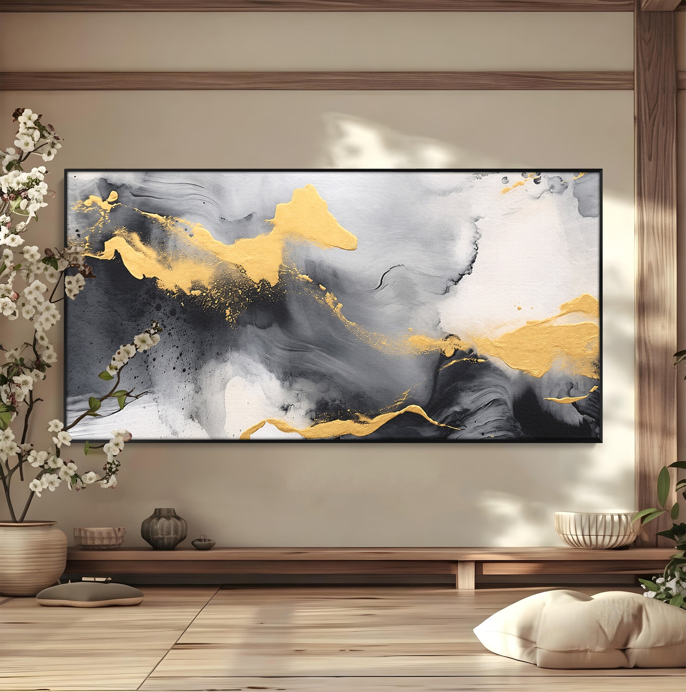Tablou Canvas Premium LuxCanva® C1333, Flux Abstract Auriu, Abstract, Modern, Auriu, Dormitor, Birou, Culori Vibrante