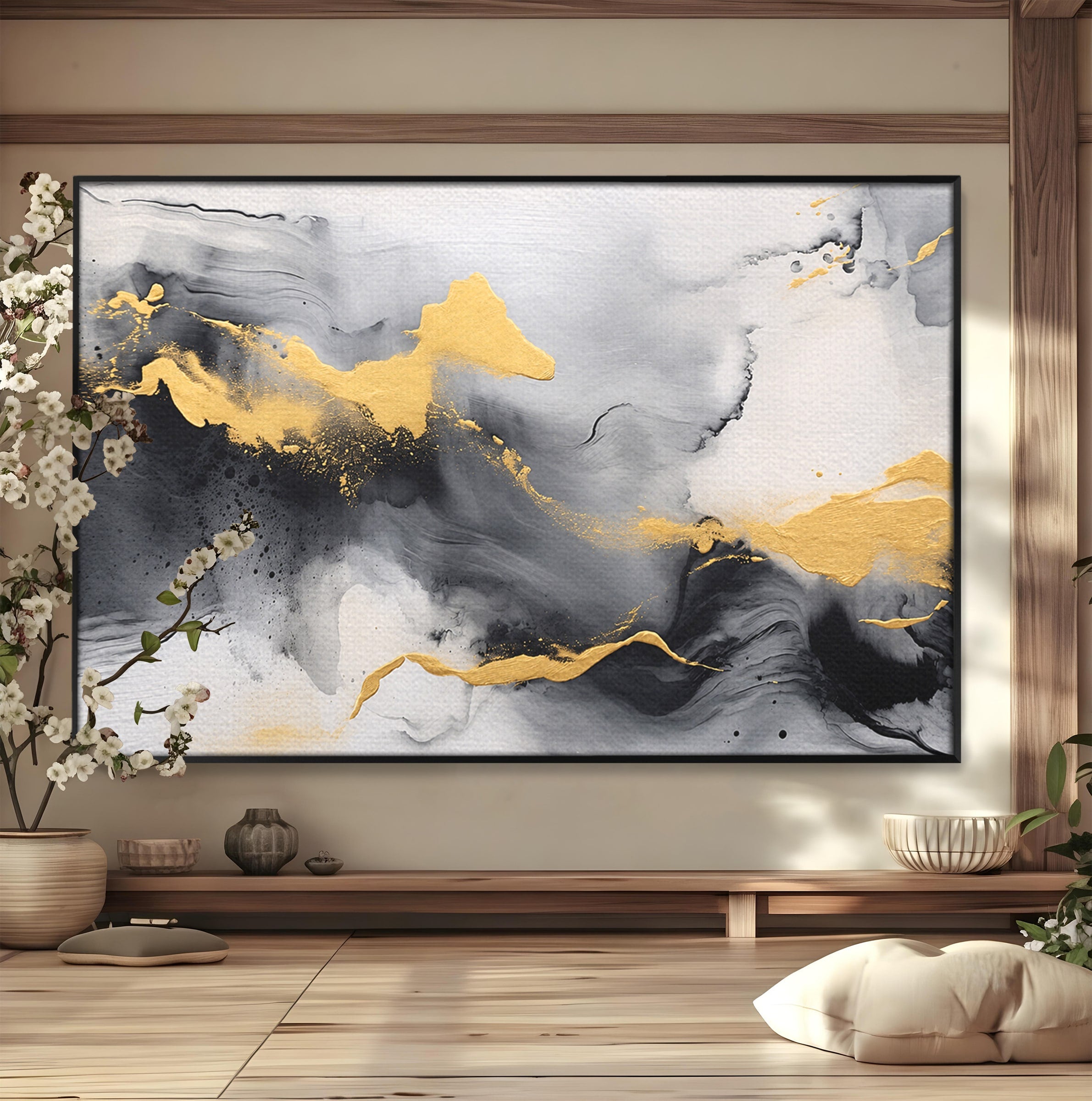 Tablou Canvas Premium LuxCanva® C1333, Flux Abstract Auriu, Abstract, Modern, Auriu, Dormitor, Birou, Culori Vibrante