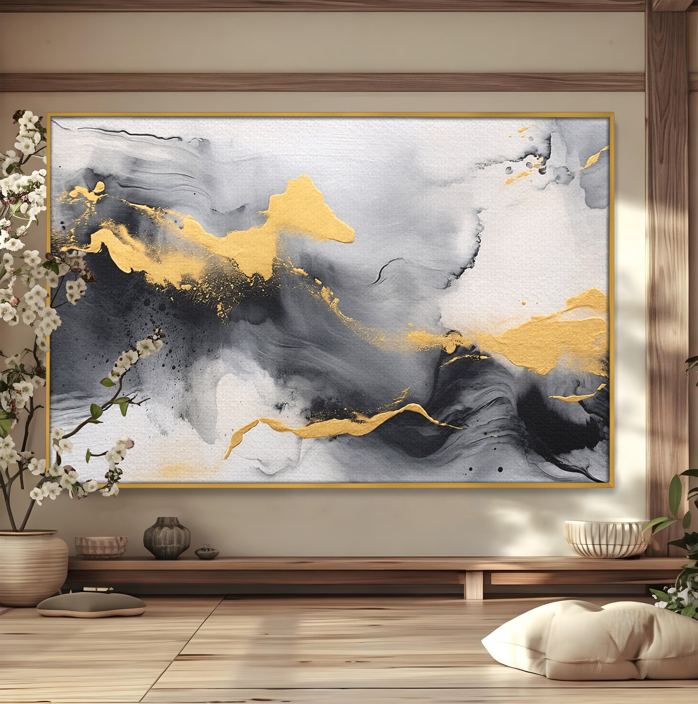 Tablou Canvas Premium LuxCanva® C1333, Flux Abstract Auriu, Abstract, Modern, Auriu, Dormitor, Birou, Culori Vibrante