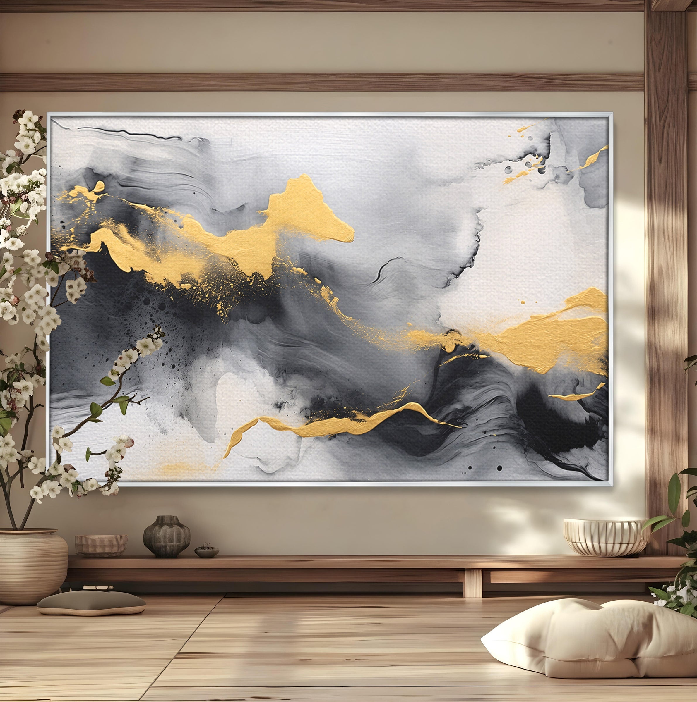 Tablou Canvas Premium LuxCanva® C1333, Flux Abstract Auriu, Abstract, Modern, Auriu, Dormitor, Birou, Culori Vibrante
