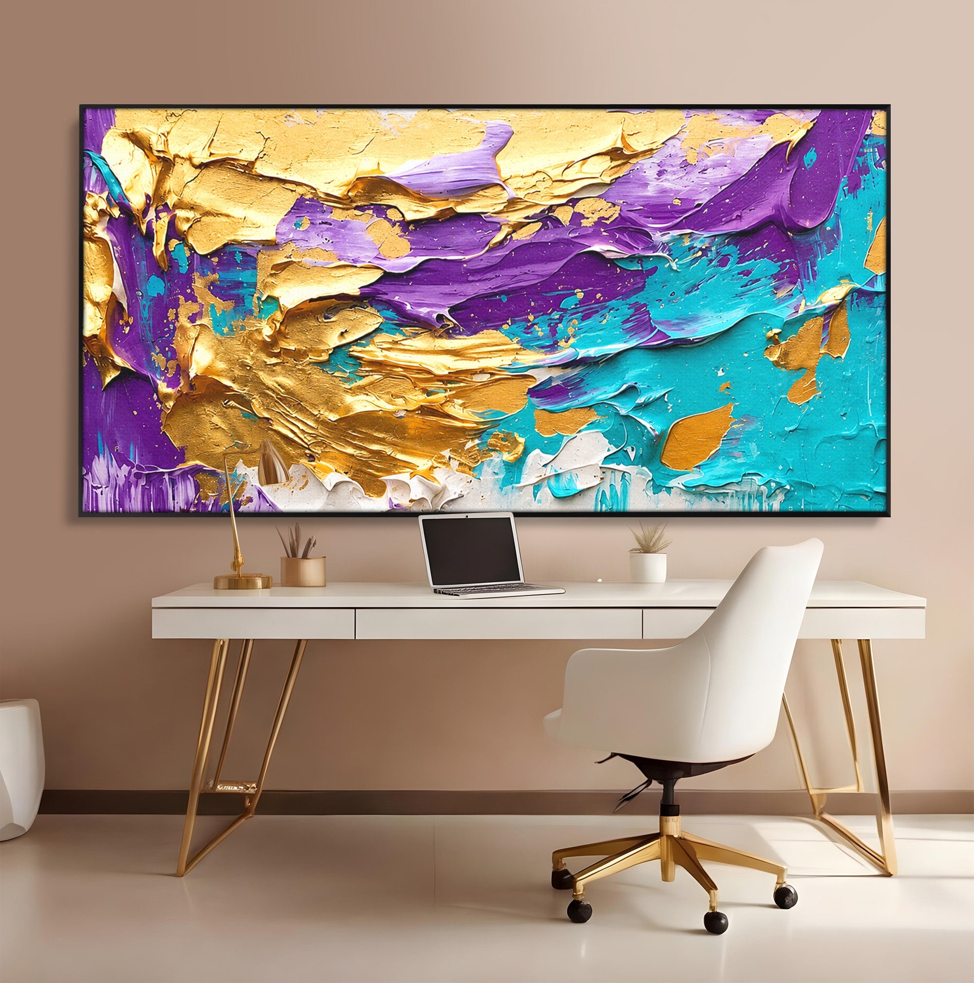 Tablou Canvas Premium LuxCanva® C1342, Abstractie Aurie, Abstract, Arta, Modern, Textura, Birou, Culori Vibrante