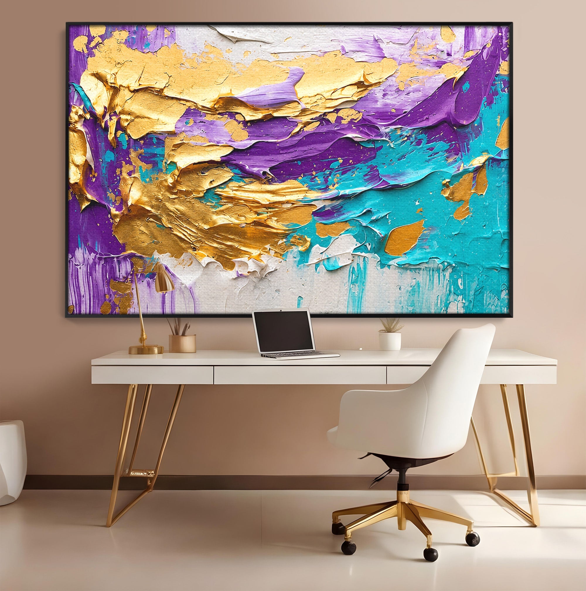 Tablou Canvas Premium LuxCanva® C1342, Abstractie Aurie, Abstract, Arta, Modern, Textura, Birou, Culori Vibrante