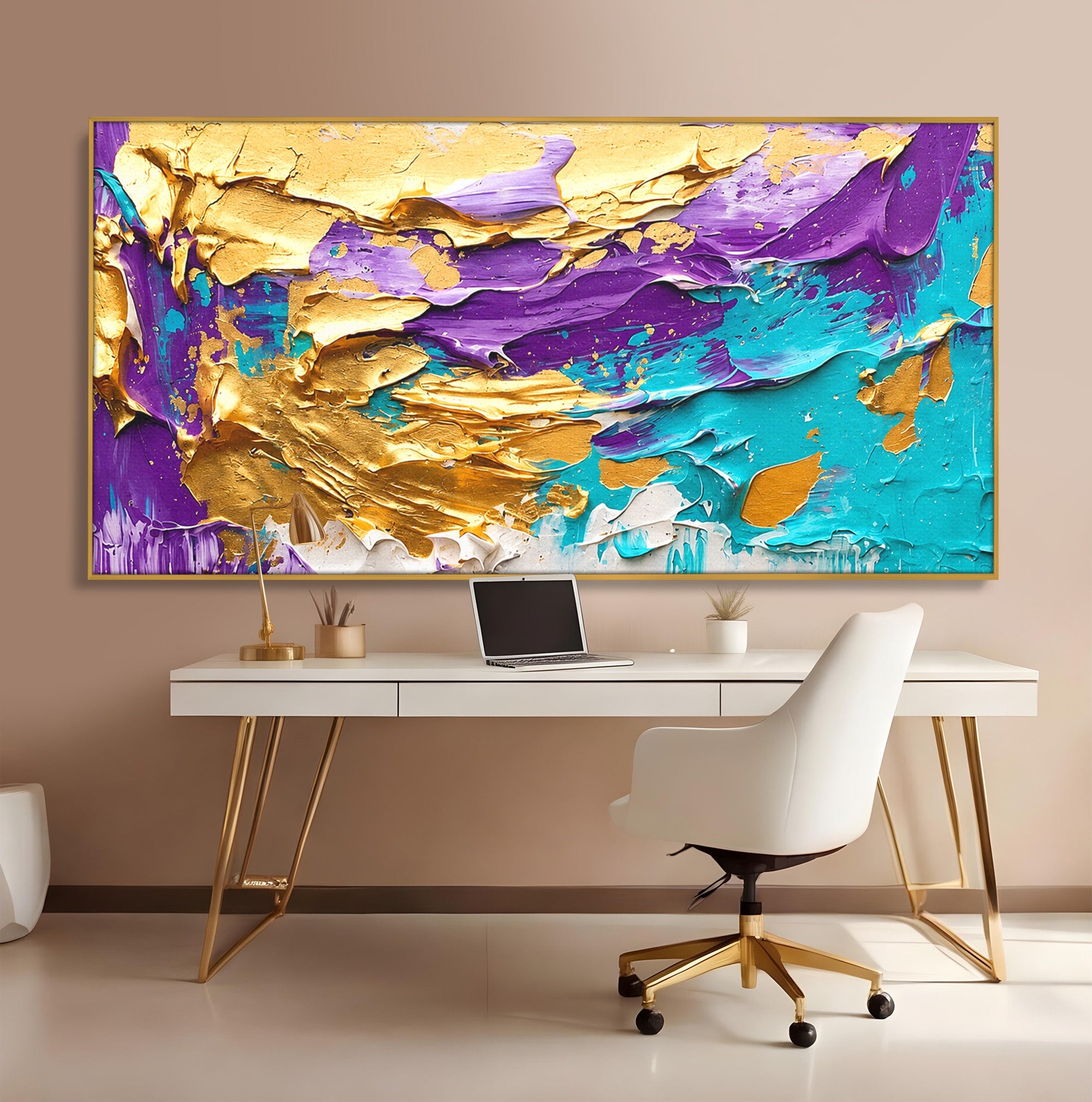Tablou Canvas Premium LuxCanva® C1342, Abstractie Aurie, Abstract, Arta, Modern, Textura, Birou, Culori Vibrante