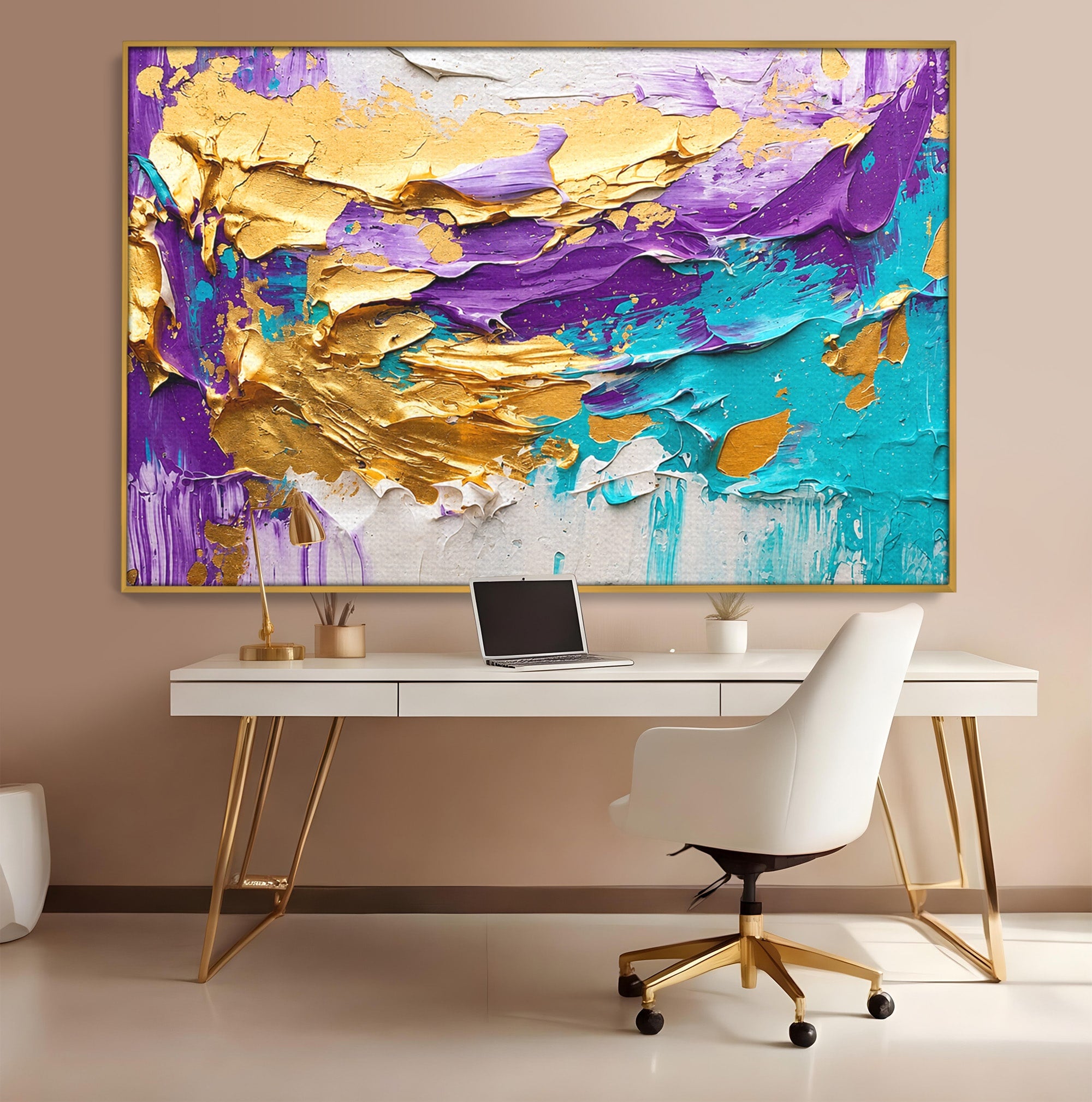 Tablou Canvas Premium LuxCanva® C1342, Abstractie Aurie, Abstract, Arta, Modern, Textura, Birou, Culori Vibrante