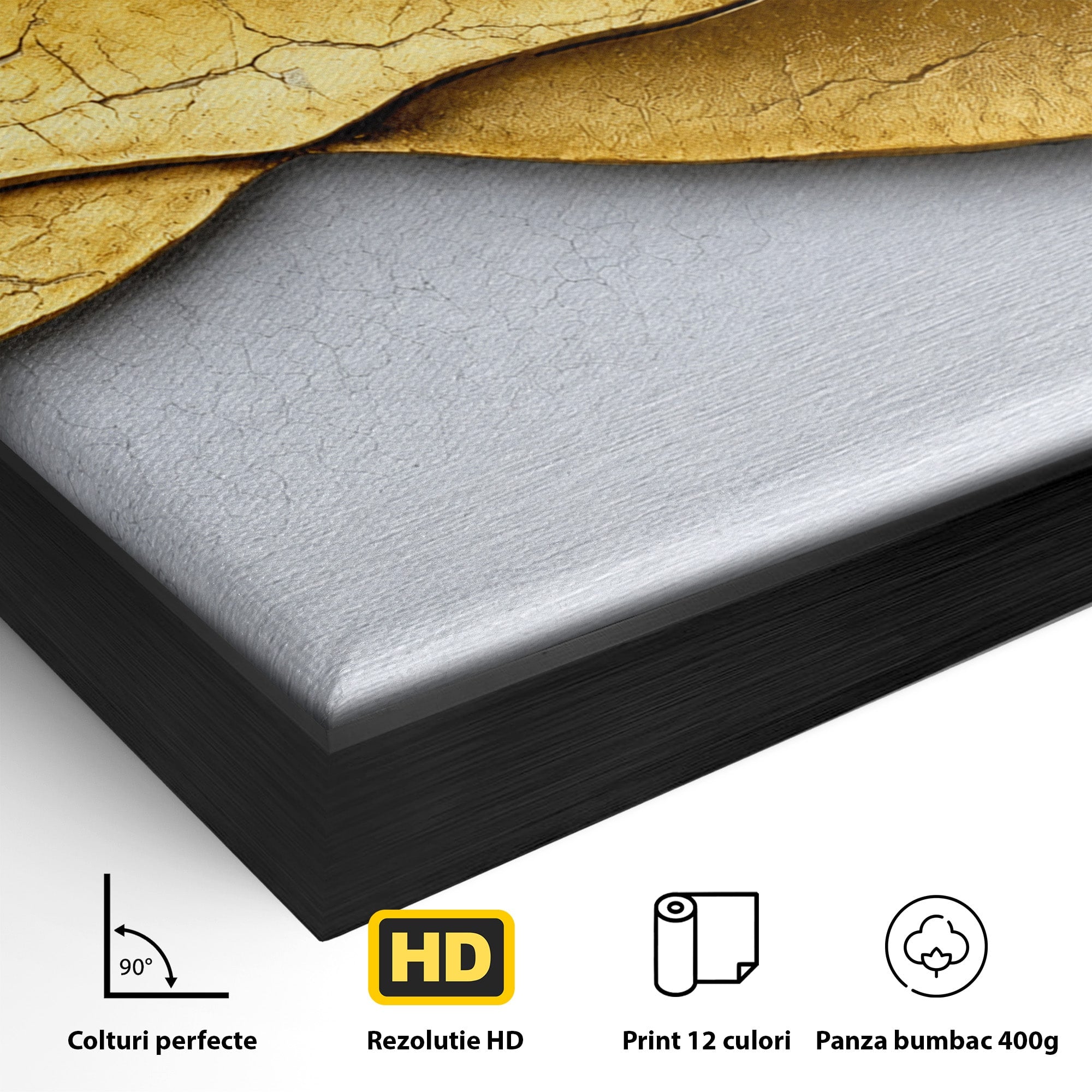 Tablou Canvas Premium LuxCanva® C1349, Curbe Aurii Abstracte, Abstract, Modern, Auriu, Textura, Birou, Culori Vibrante