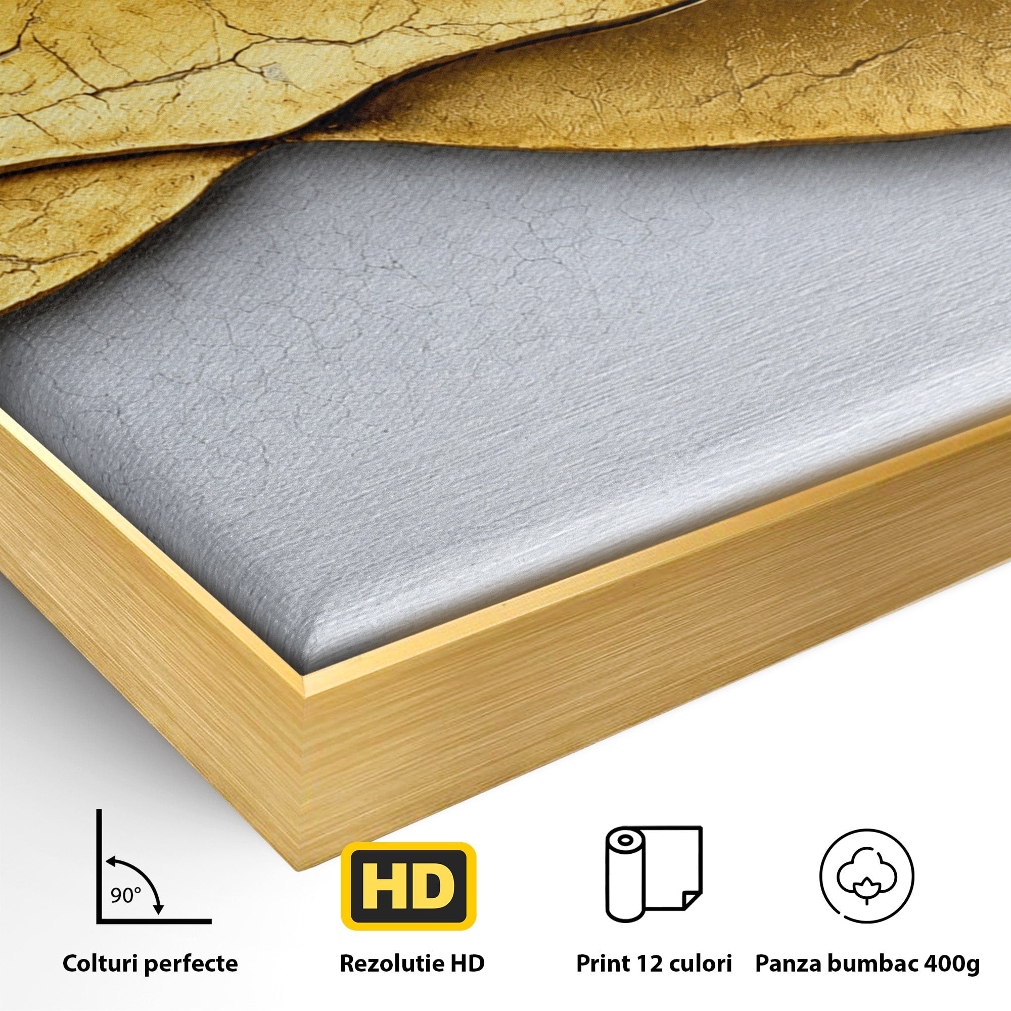 Tablou Canvas Premium LuxCanva® C1349, Curbe Aurii Abstracte, Abstract, Modern, Auriu, Textura, Birou, Culori Vibrante