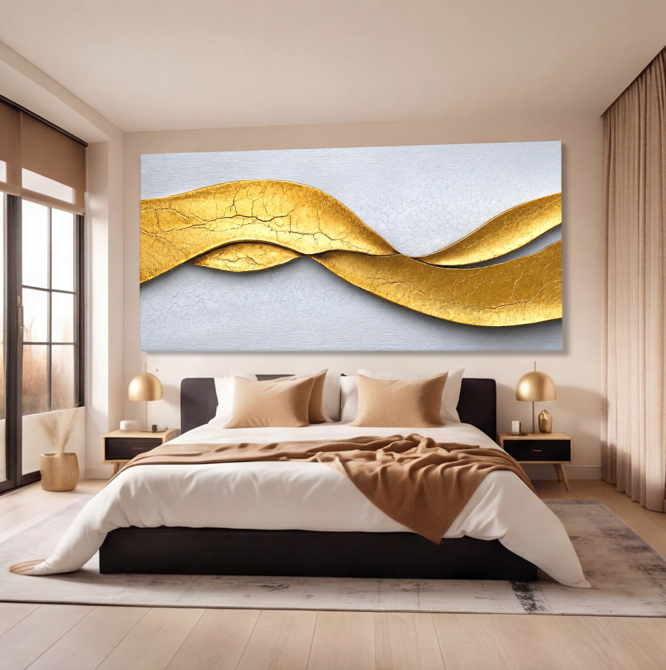 Tablou Canvas Premium LuxCanva® C1349, Curbe Aurii Abstracte, Abstract, Modern, Auriu, Textura, Birou, Culori Vibrante