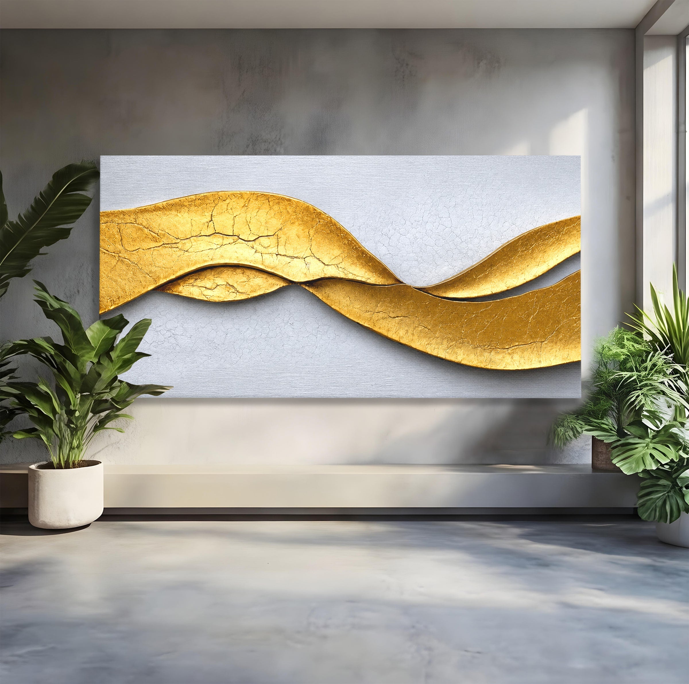 Tablou Canvas Premium LuxCanva® C1349, Curbe Aurii Abstracte, Abstract, Modern, Auriu, Textura, Birou, Culori Vibrante