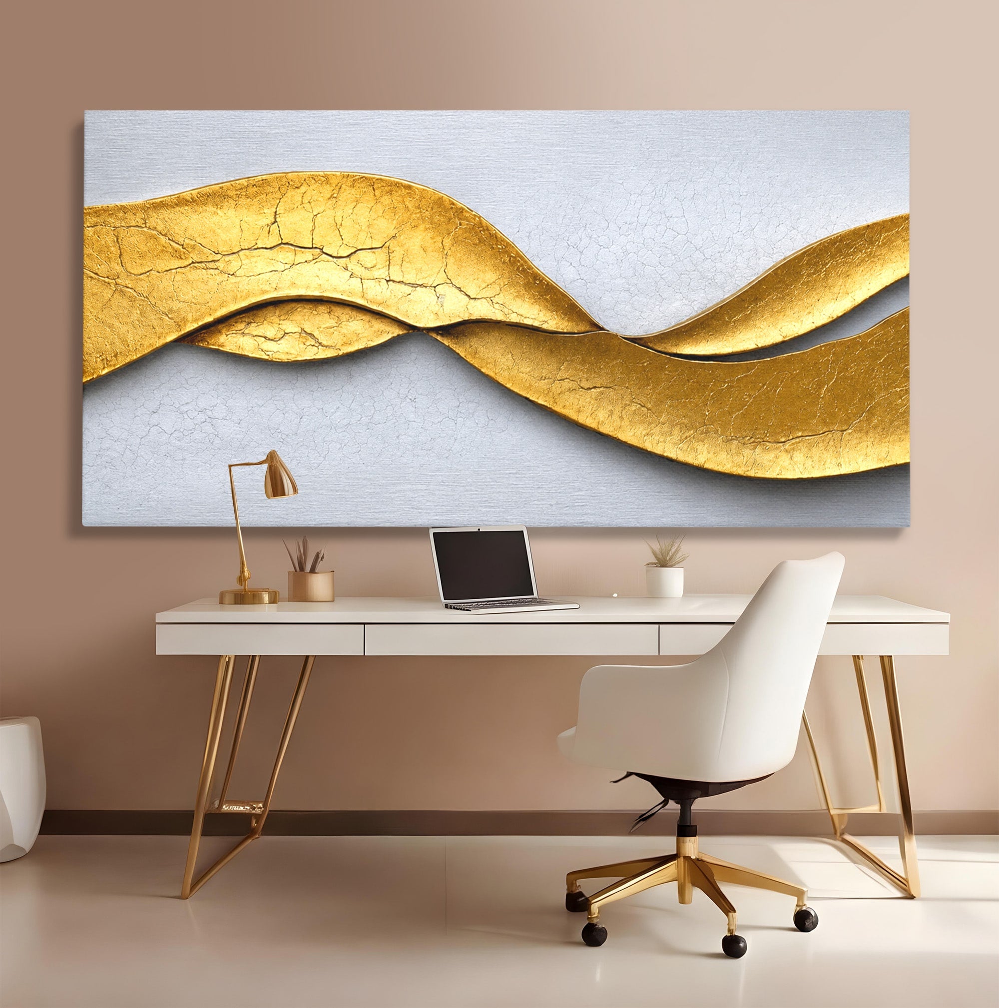 Tablou Canvas Premium LuxCanva® C1349, Curbe Aurii Abstracte, Abstract, Modern, Auriu, Textura, Birou, Culori Vibrante
