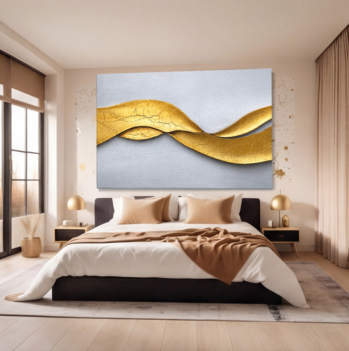 Tablou Canvas Premium LuxCanva® C1349, Curbe Aurii Abstracte, Abstract, Modern, Auriu, Textura, Birou, Culori Vibrante