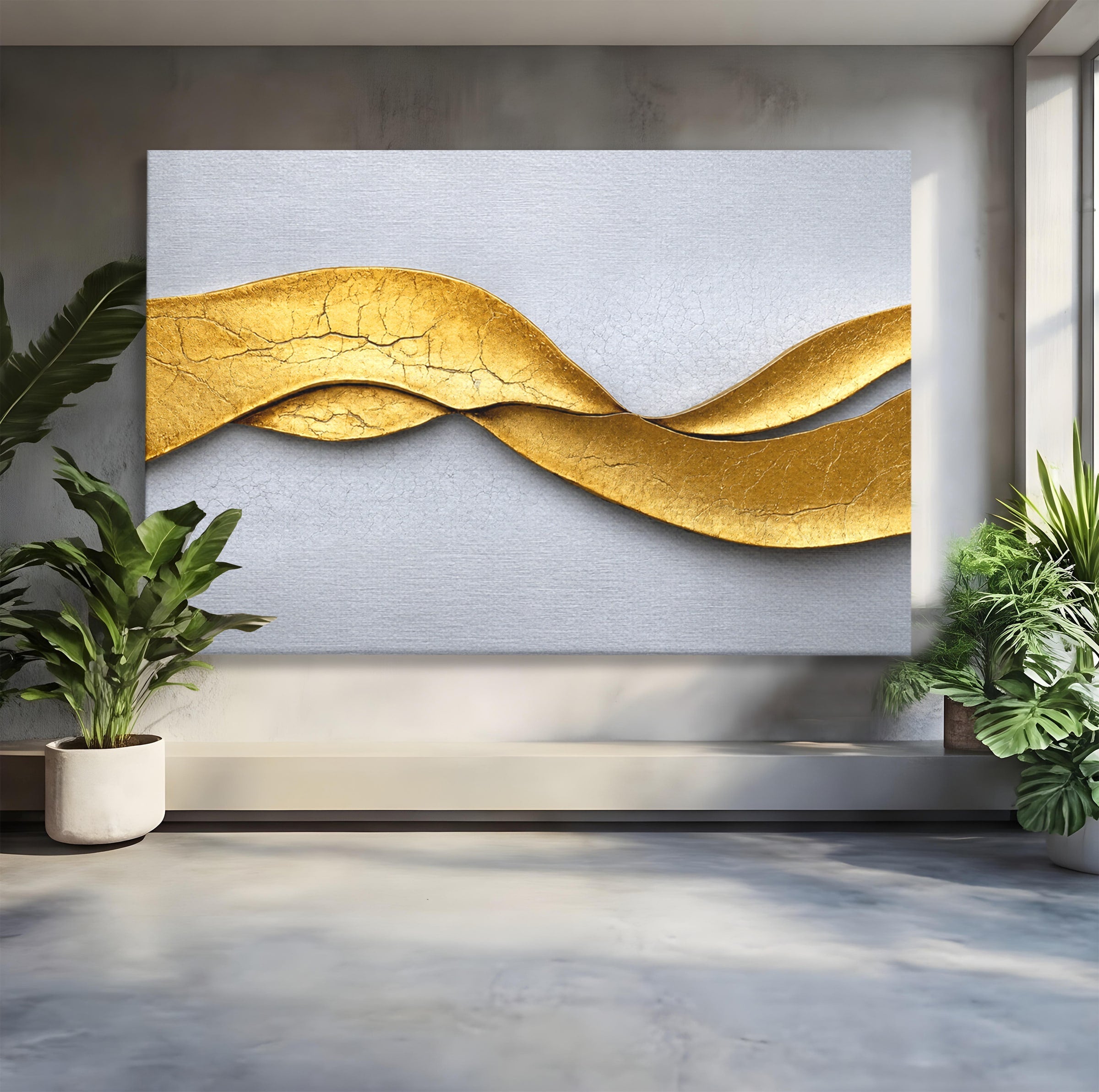 Tablou Canvas Premium LuxCanva® C1349, Curbe Aurii Abstracte, Abstract, Modern, Auriu, Textura, Birou, Culori Vibrante
