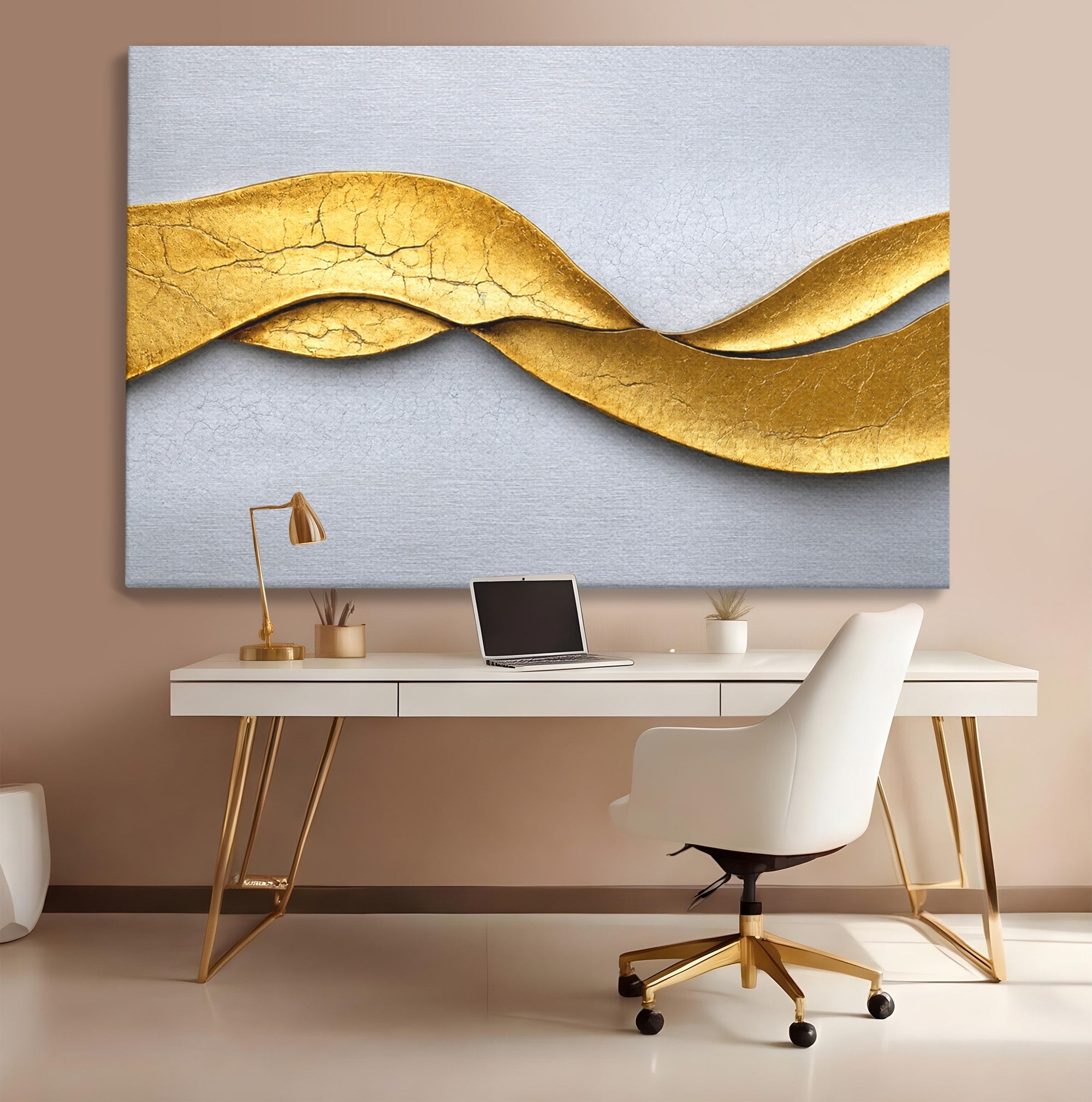 Tablou Canvas Premium LuxCanva® C1349, Curbe Aurii Abstracte, Abstract, Modern, Auriu, Textura, Birou, Culori Vibrante