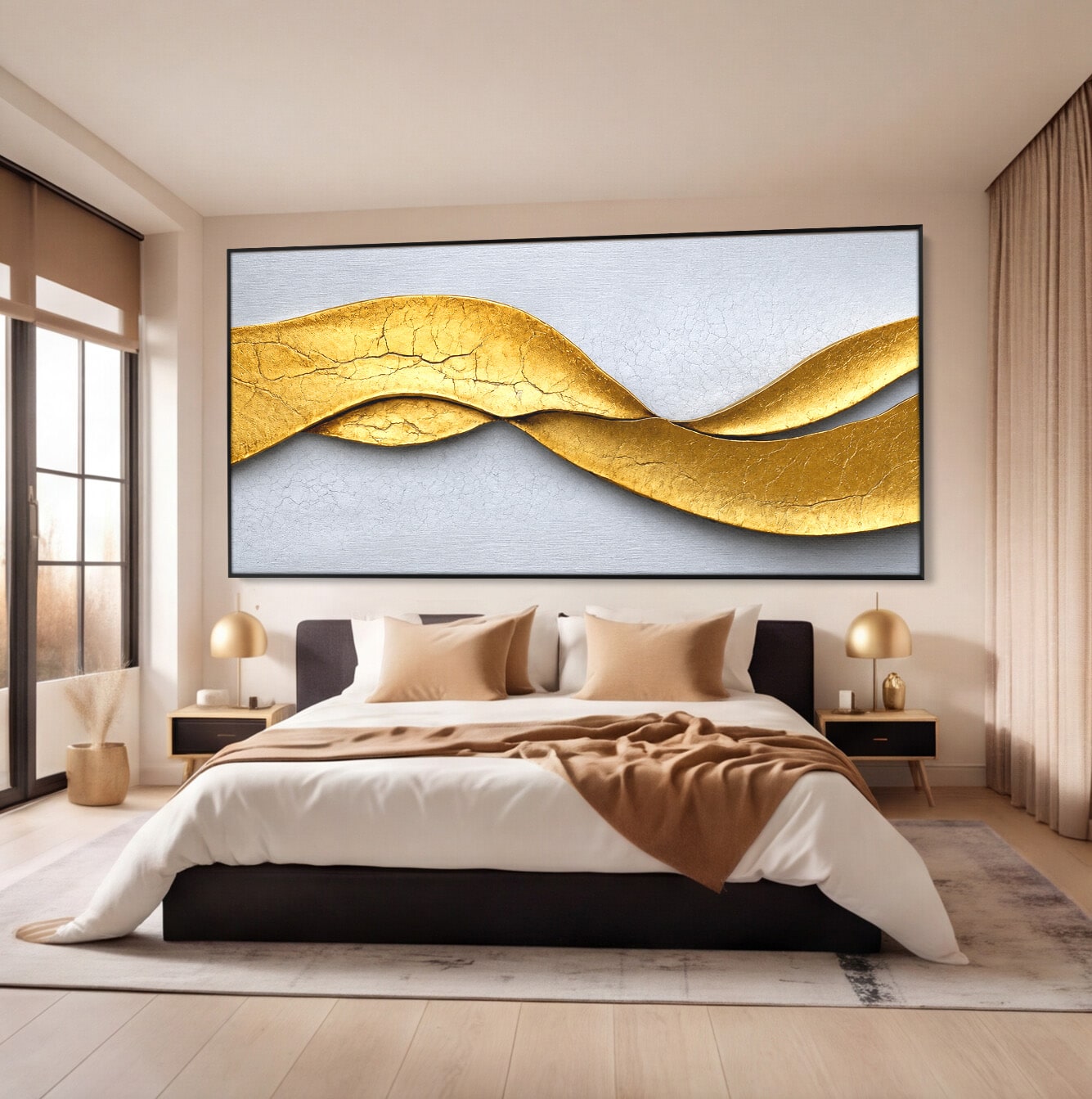 Tablou Canvas Premium LuxCanva® C1349, Curbe Aurii Abstracte, Abstract, Modern, Auriu, Textura, Birou, Culori Vibrante
