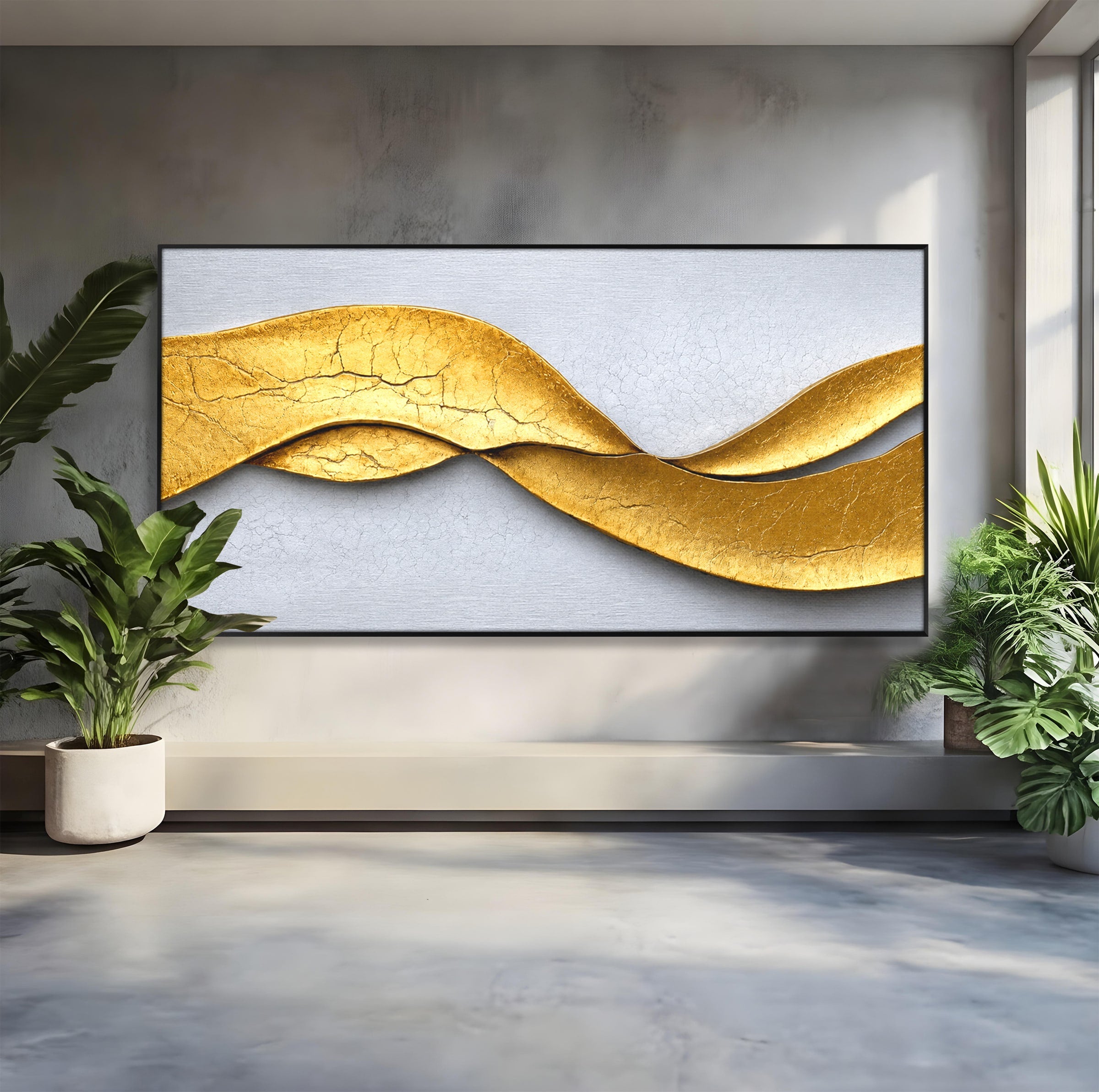 Tablou Canvas Premium LuxCanva® C1349, Curbe Aurii Abstracte, Abstract, Modern, Auriu, Textura, Birou, Culori Vibrante