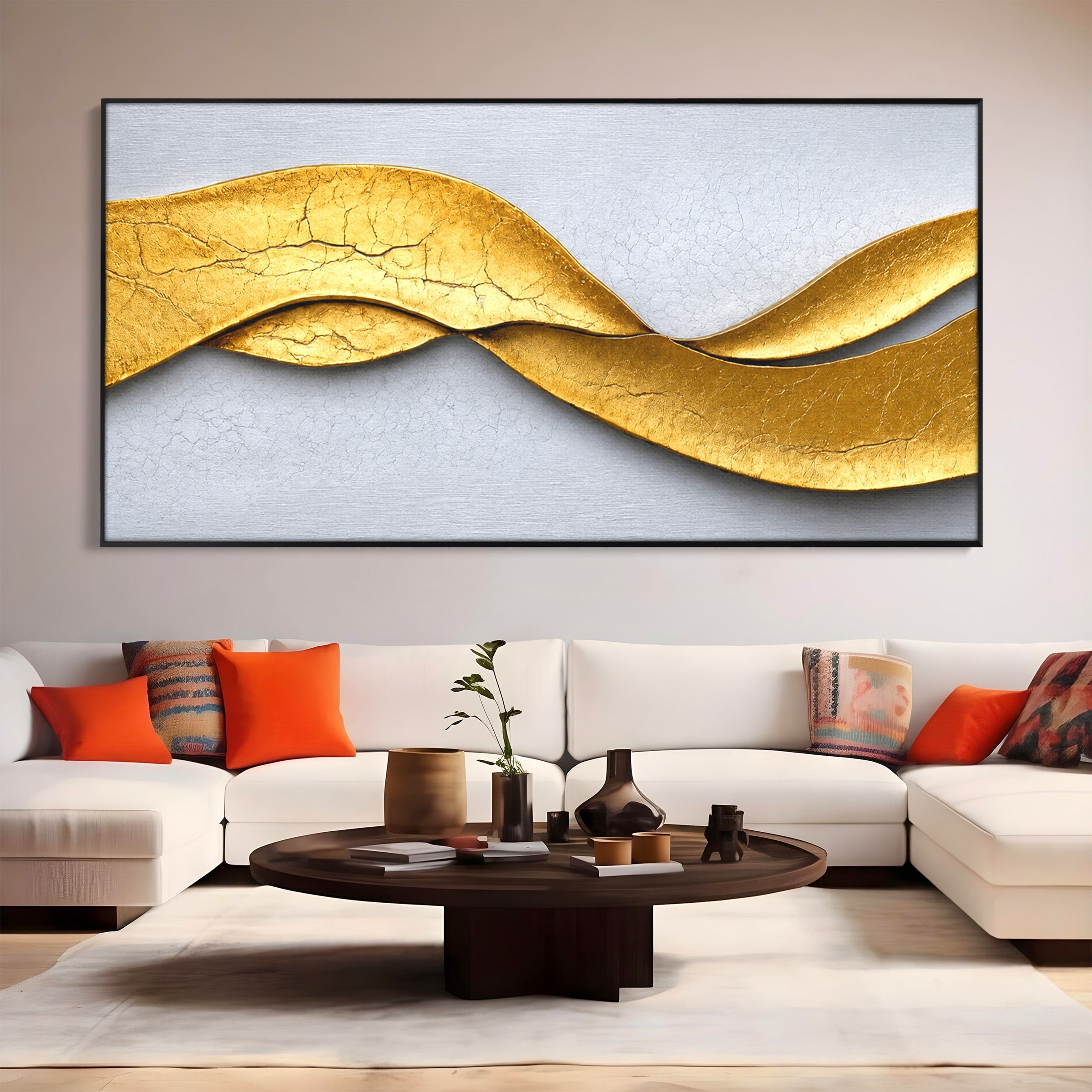 Tablou Canvas Premium LuxCanva® C1349, Curbe Aurii Abstracte, Abstract, Modern, Auriu, Textura, Birou, Culori Vibrante