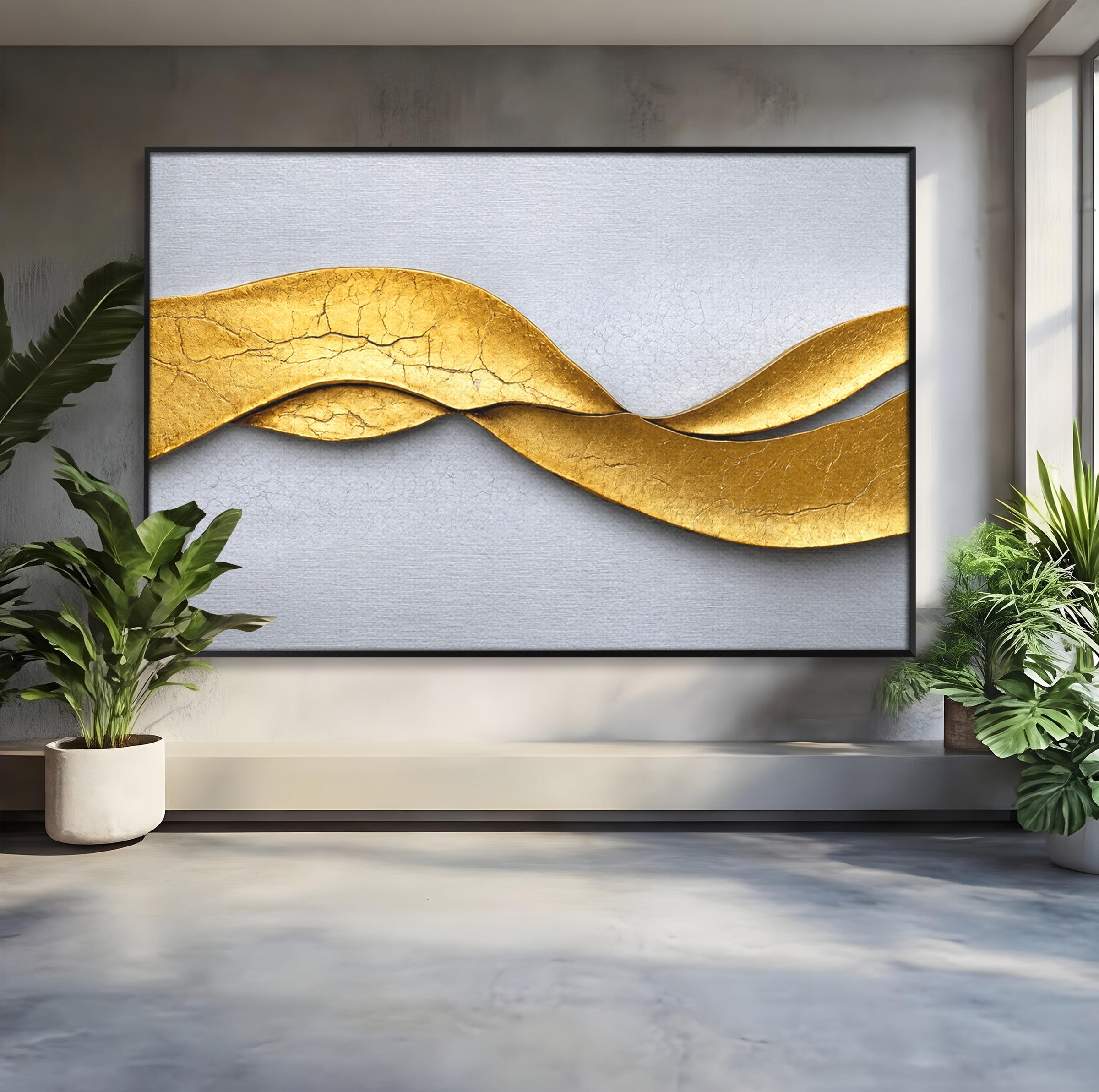 Tablou Canvas Premium LuxCanva® C1349, Curbe Aurii Abstracte, Abstract, Modern, Auriu, Textura, Birou, Culori Vibrante