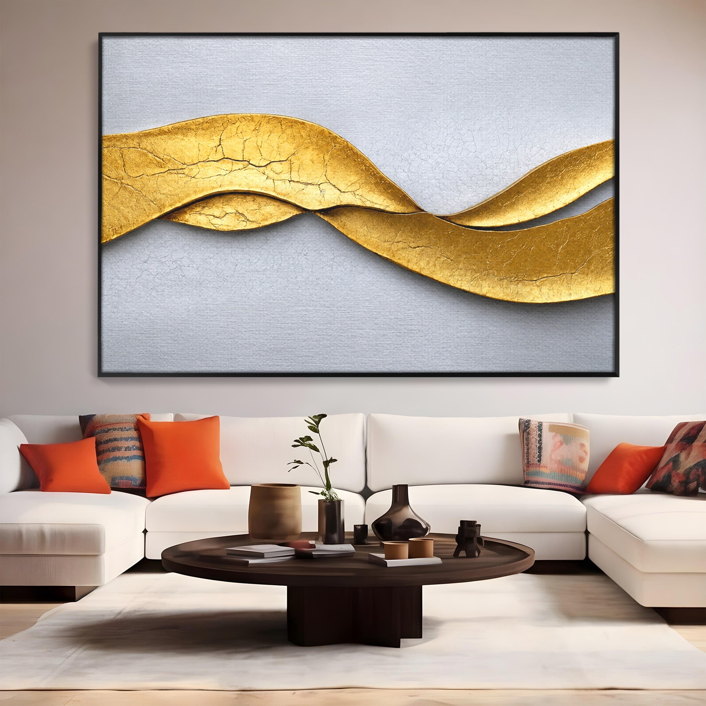 Tablou Canvas Premium LuxCanva® C1349, Curbe Aurii Abstracte, Abstract, Modern, Auriu, Textura, Birou, Culori Vibrante