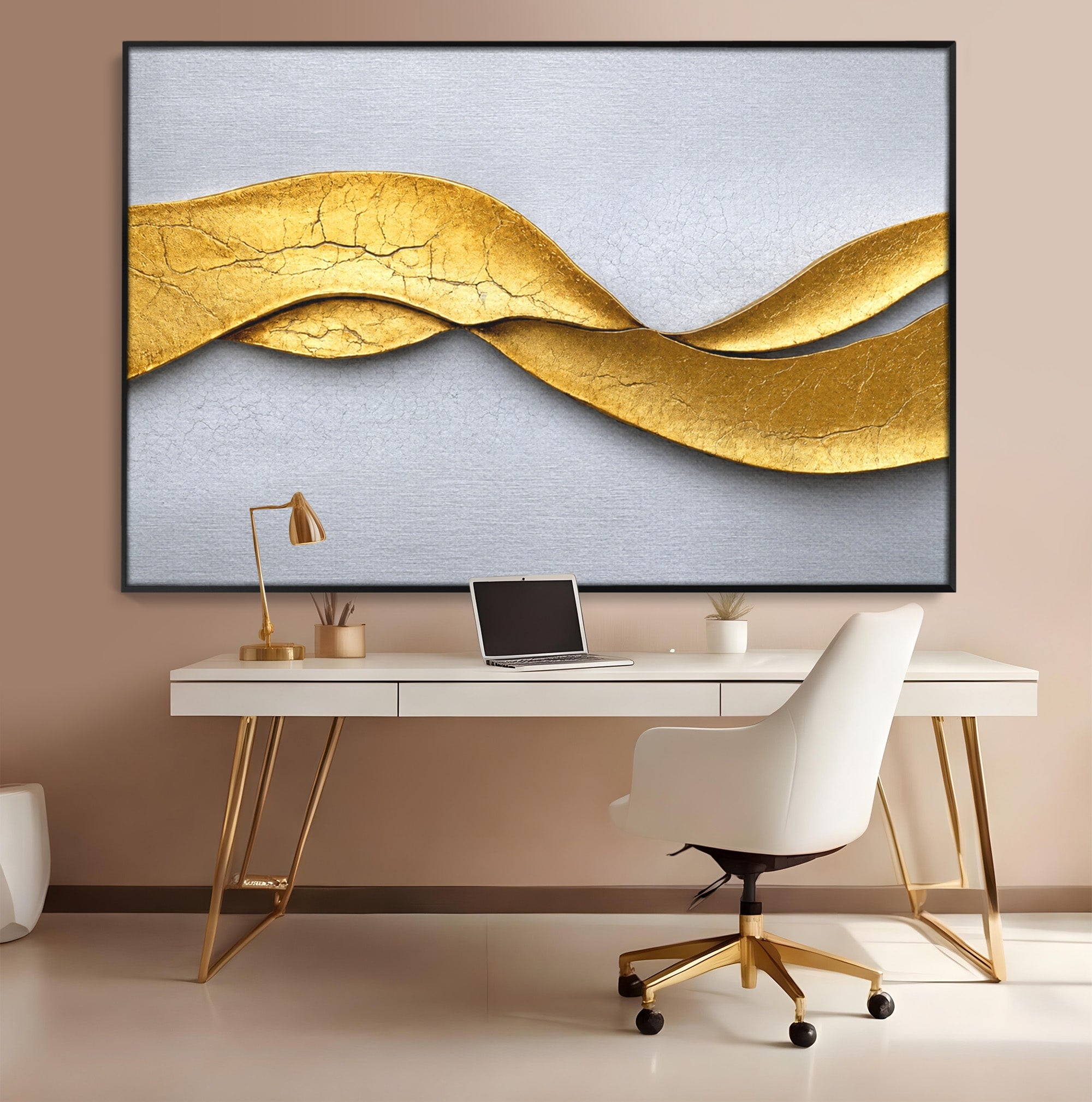 Tablou Canvas Premium LuxCanva® C1349, Curbe Aurii Abstracte, Abstract, Modern, Auriu, Textura, Birou, Culori Vibrante
