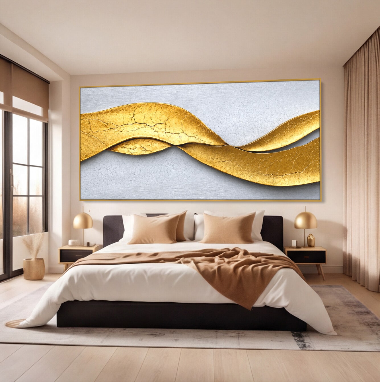Tablou Canvas Premium LuxCanva® C1349, Curbe Aurii Abstracte, Abstract, Modern, Auriu, Textura, Birou, Culori Vibrante