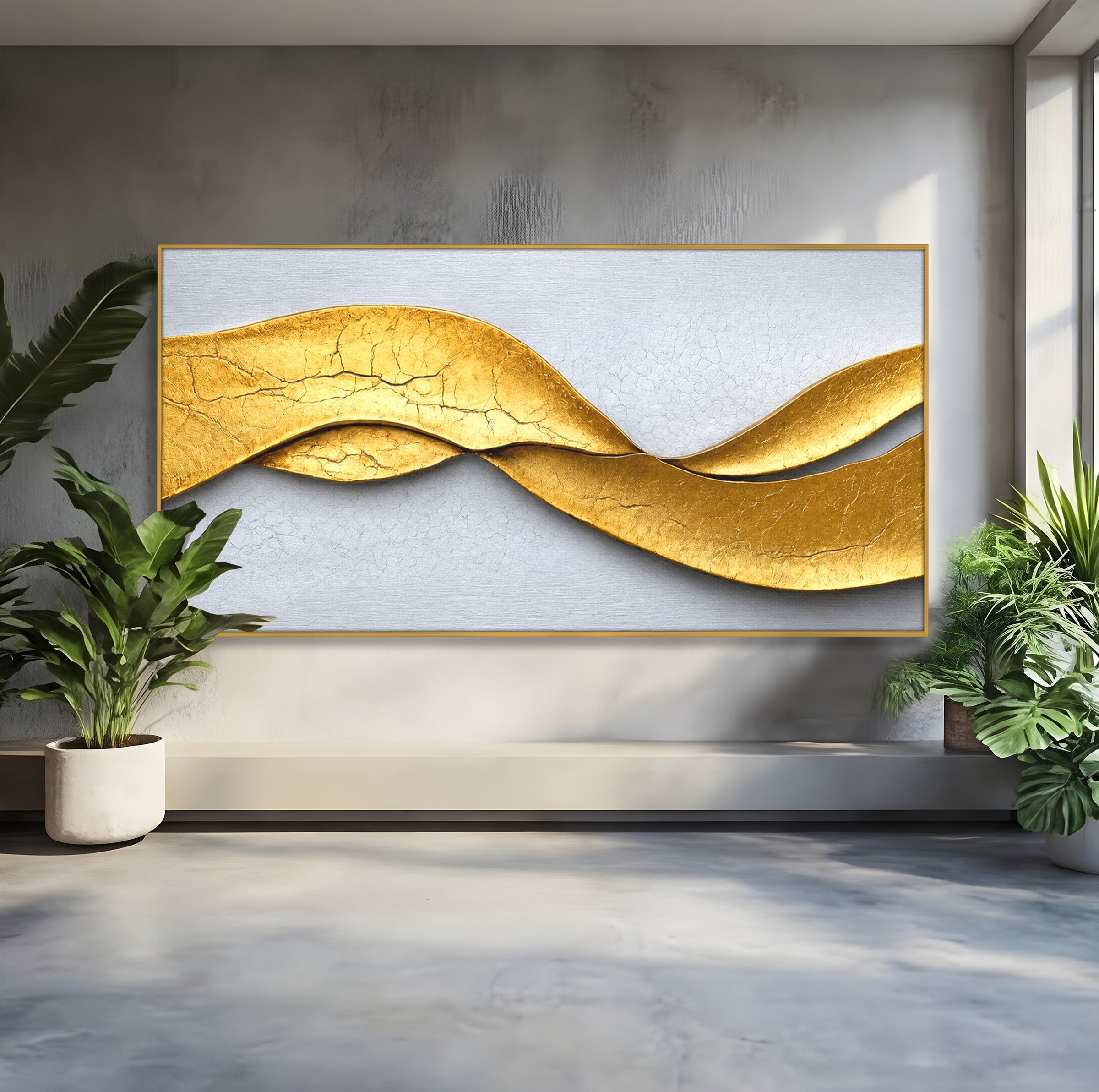 Tablou Canvas Premium LuxCanva® C1349, Curbe Aurii Abstracte, Abstract, Modern, Auriu, Textura, Birou, Culori Vibrante