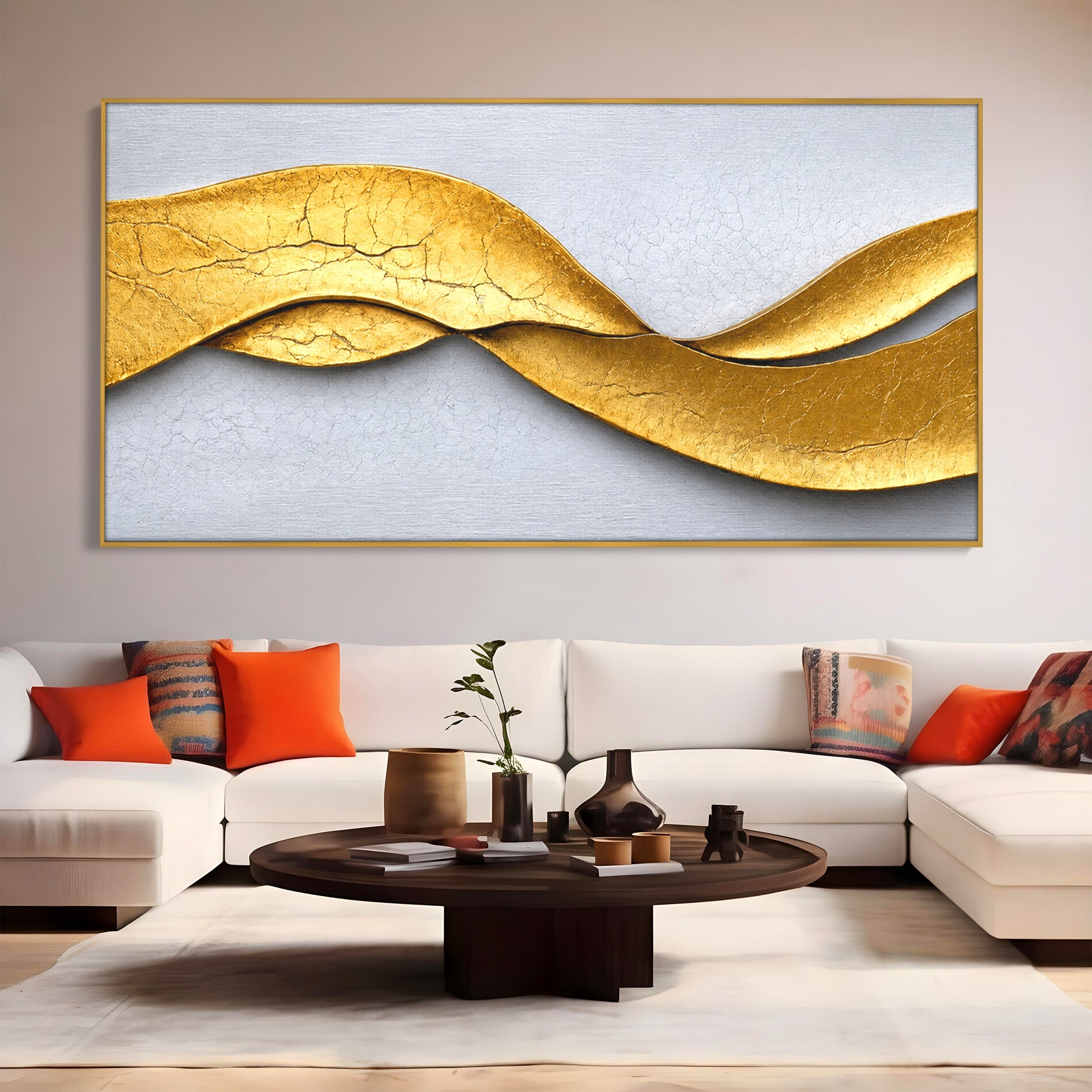 Tablou Canvas Premium LuxCanva® C1349, Curbe Aurii Abstracte, Abstract, Modern, Auriu, Textura, Birou, Culori Vibrante