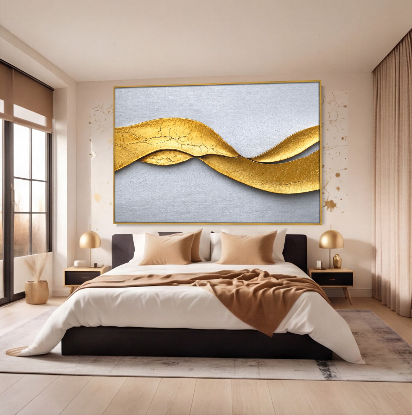 Tablou Canvas Premium LuxCanva® C1349, Curbe Aurii Abstracte, Abstract, Modern, Auriu, Textura, Birou, Culori Vibrante