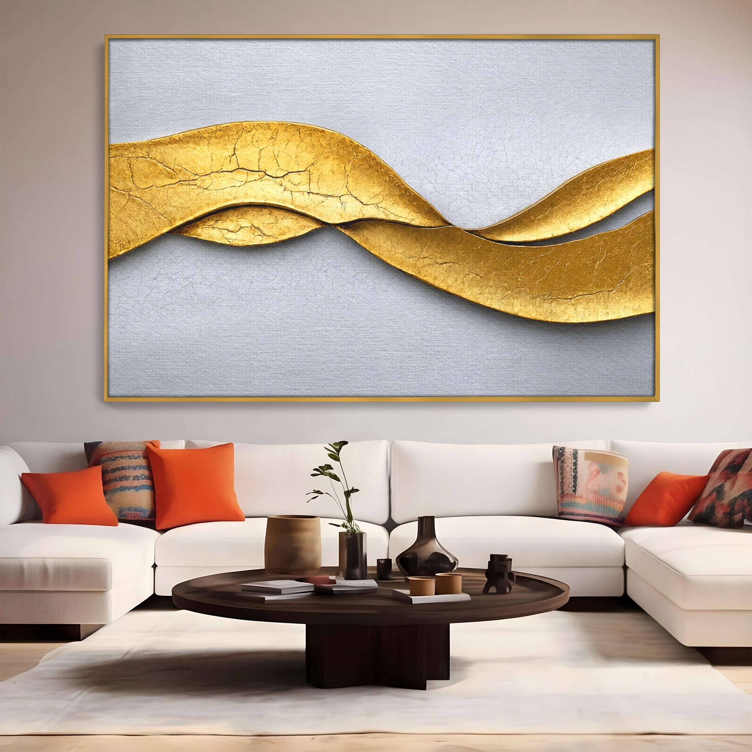 Tablou Canvas Premium LuxCanva® C1349, Curbe Aurii Abstracte, Abstract, Modern, Auriu, Textura, Birou, Culori Vibrante