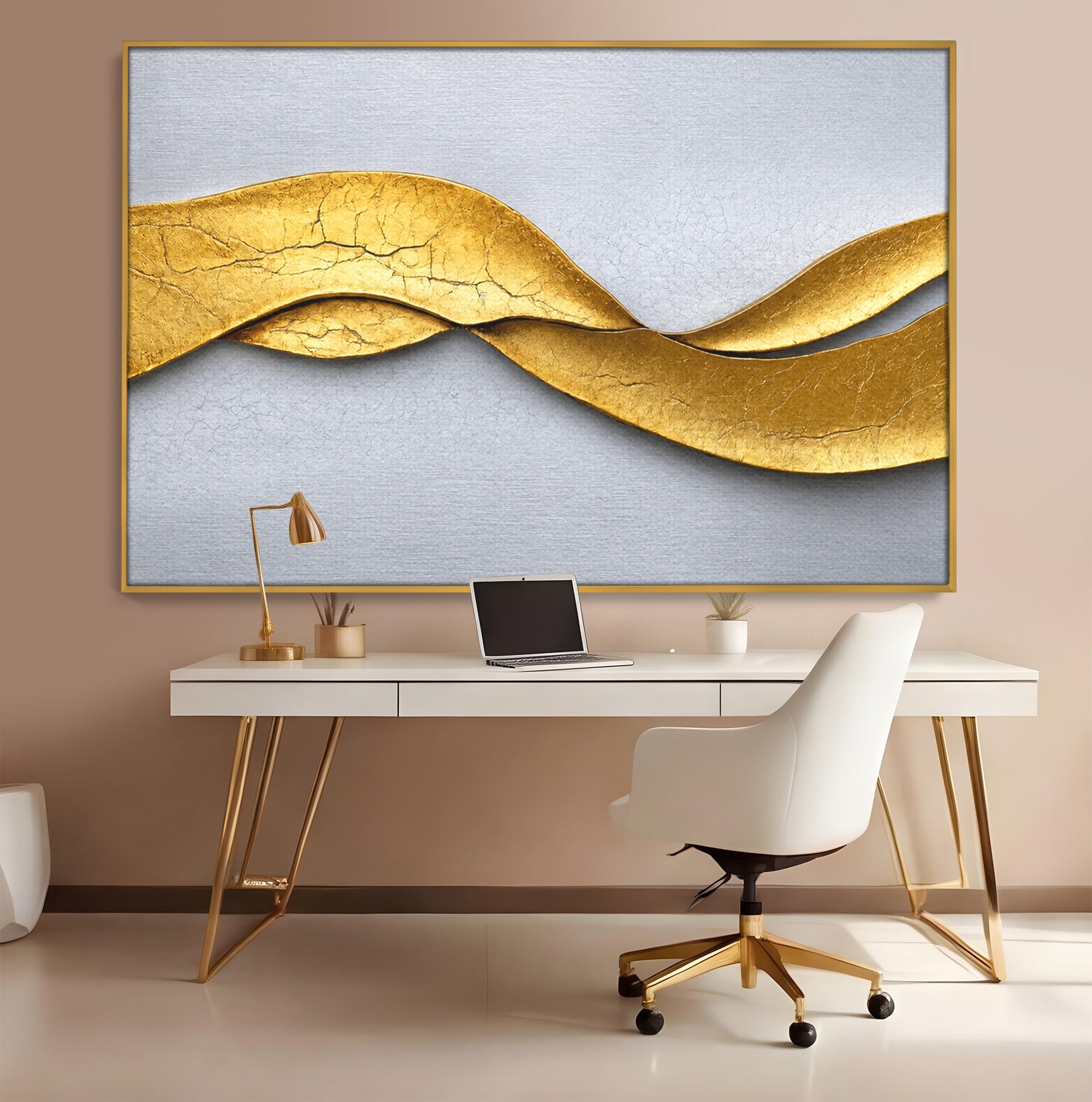 Tablou Canvas Premium LuxCanva® C1349, Curbe Aurii Abstracte, Abstract, Modern, Auriu, Textura, Birou, Culori Vibrante