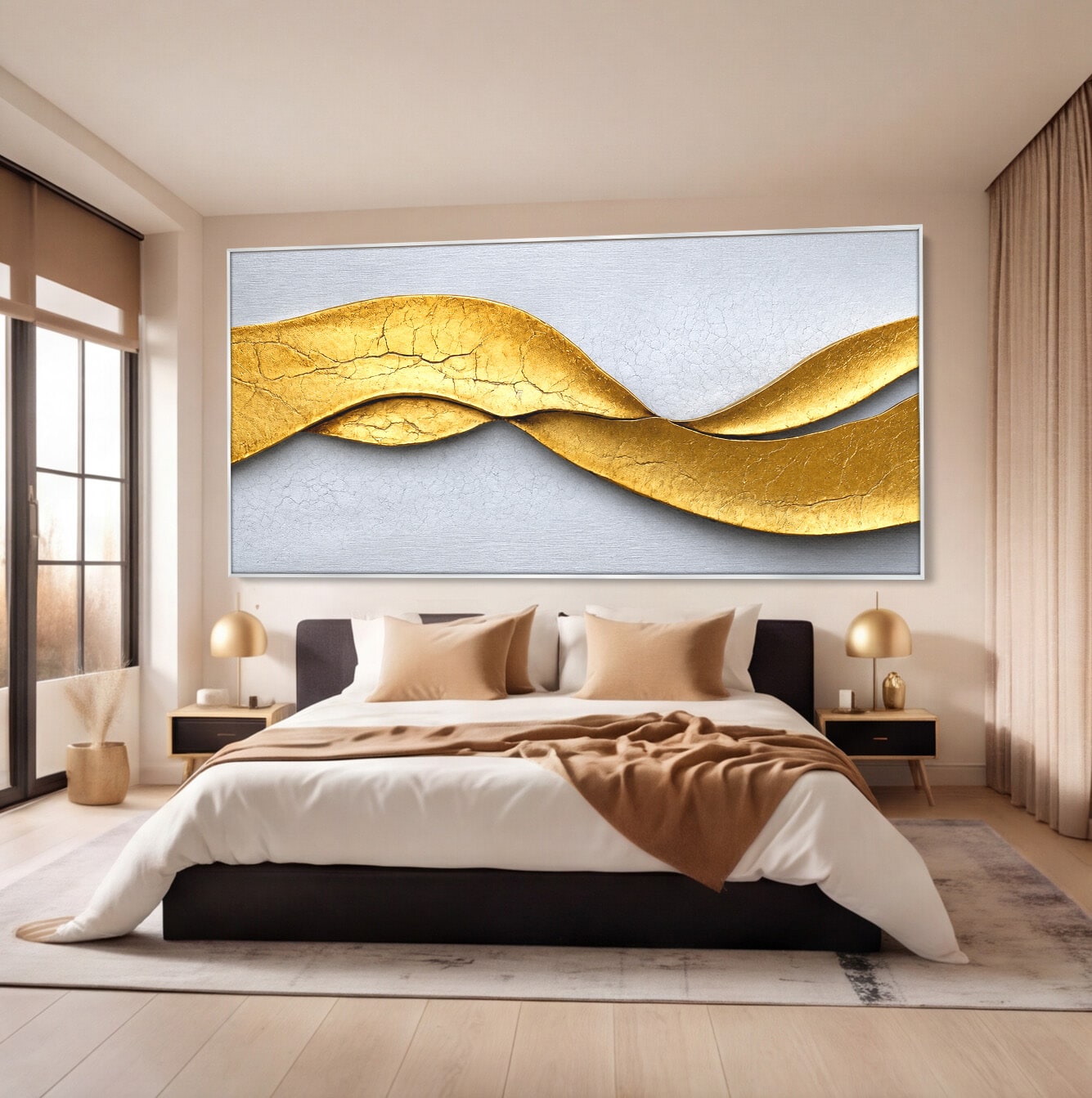 Tablou Canvas Premium LuxCanva® C1349, Curbe Aurii Abstracte, Abstract, Modern, Auriu, Textura, Birou, Culori Vibrante