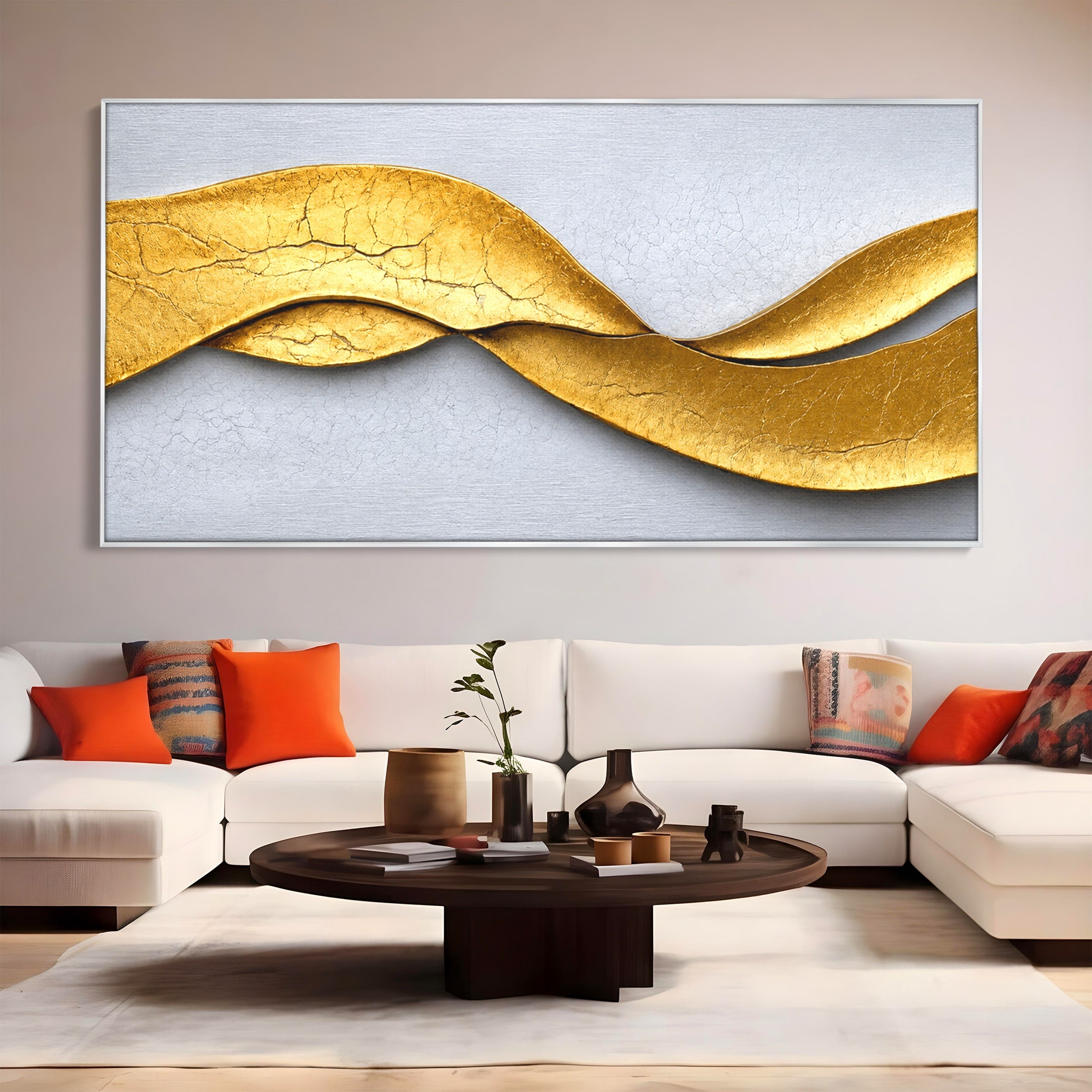 Tablou Canvas Premium LuxCanva® C1349, Curbe Aurii Abstracte, Abstract, Modern, Auriu, Textura, Birou, Culori Vibrante