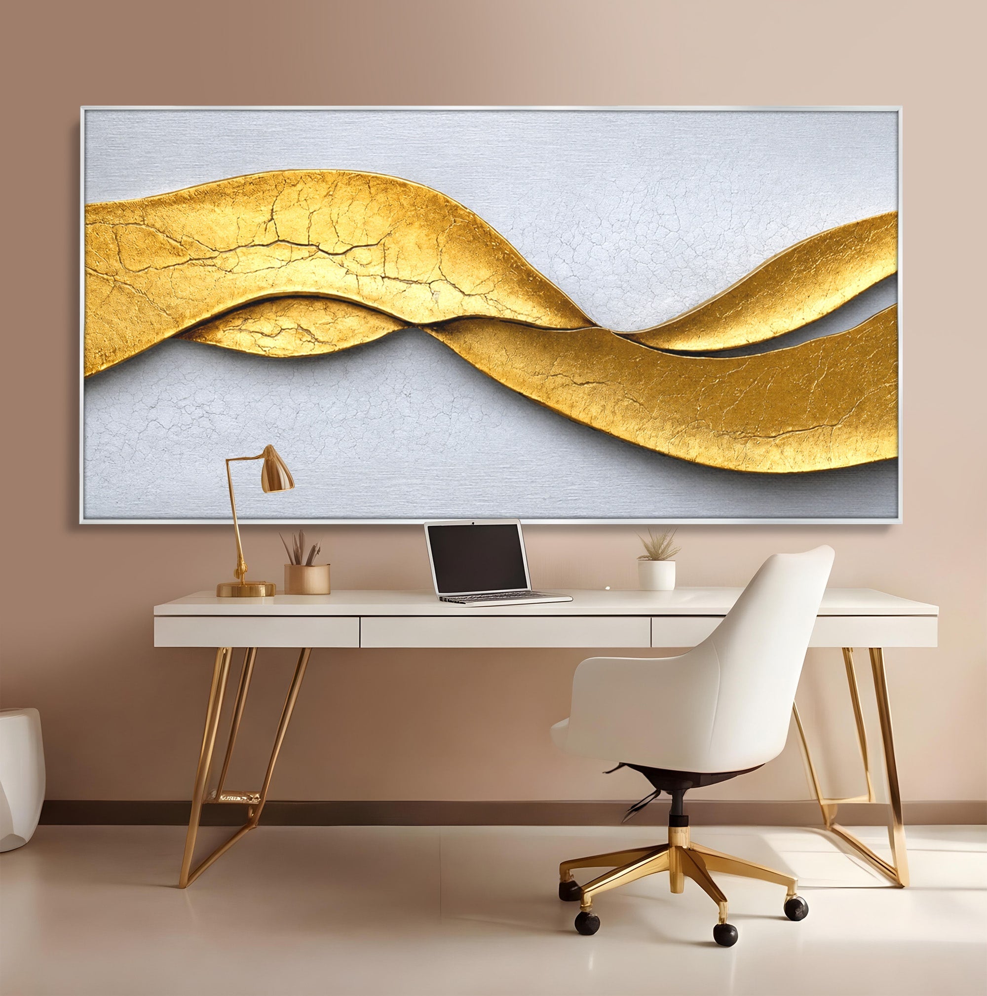 Tablou Canvas Premium LuxCanva® C1349, Curbe Aurii Abstracte, Abstract, Modern, Auriu, Textura, Birou, Culori Vibrante