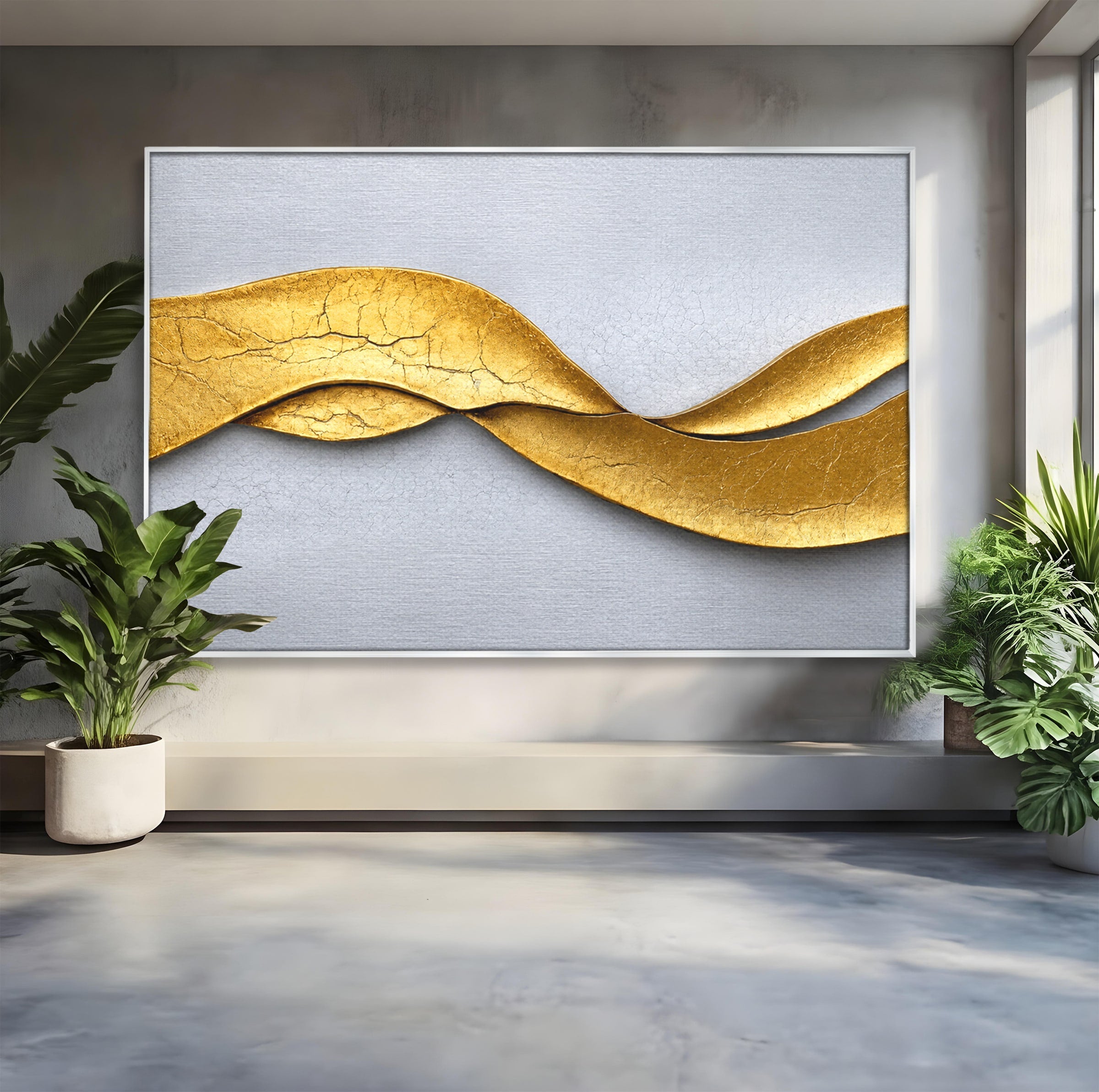 Tablou Canvas Premium LuxCanva® C1349, Curbe Aurii Abstracte, Abstract, Modern, Auriu, Textura, Birou, Culori Vibrante